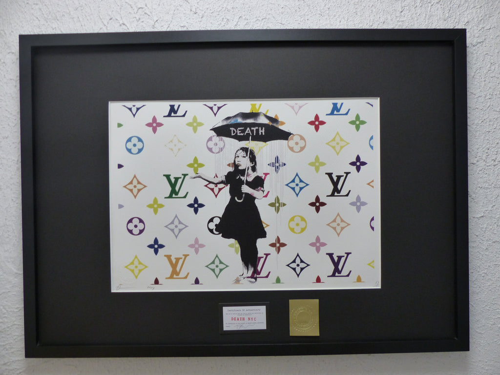 DEATH NYC fertig gerahmte Lithografie ltd.Edit. of  "Banksy Nola in the Rain" 3D Siegel u COA
