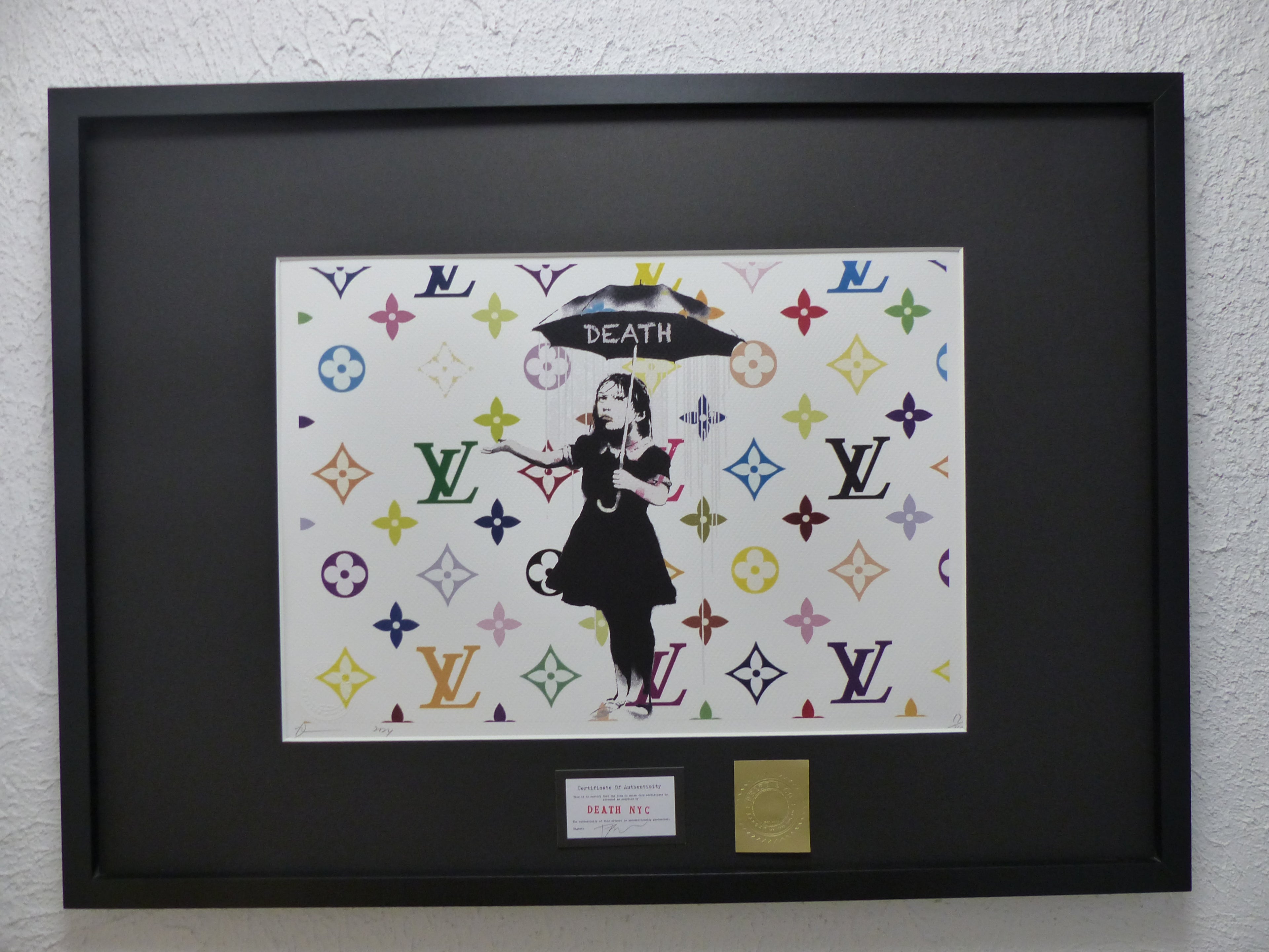 DEATH NYC fertig gerahmte Lithografie ltd.Edit. of  "Banksy Nola in the Rain" 3D Siegel u COA