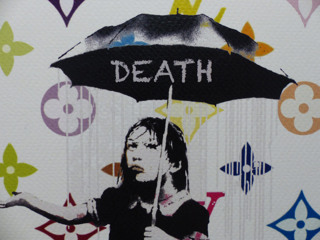 DEATH NYC fertig gerahmte Lithografie ltd.Edit. of  "Banksy Nola in the Rain" 3D Siegel u COA