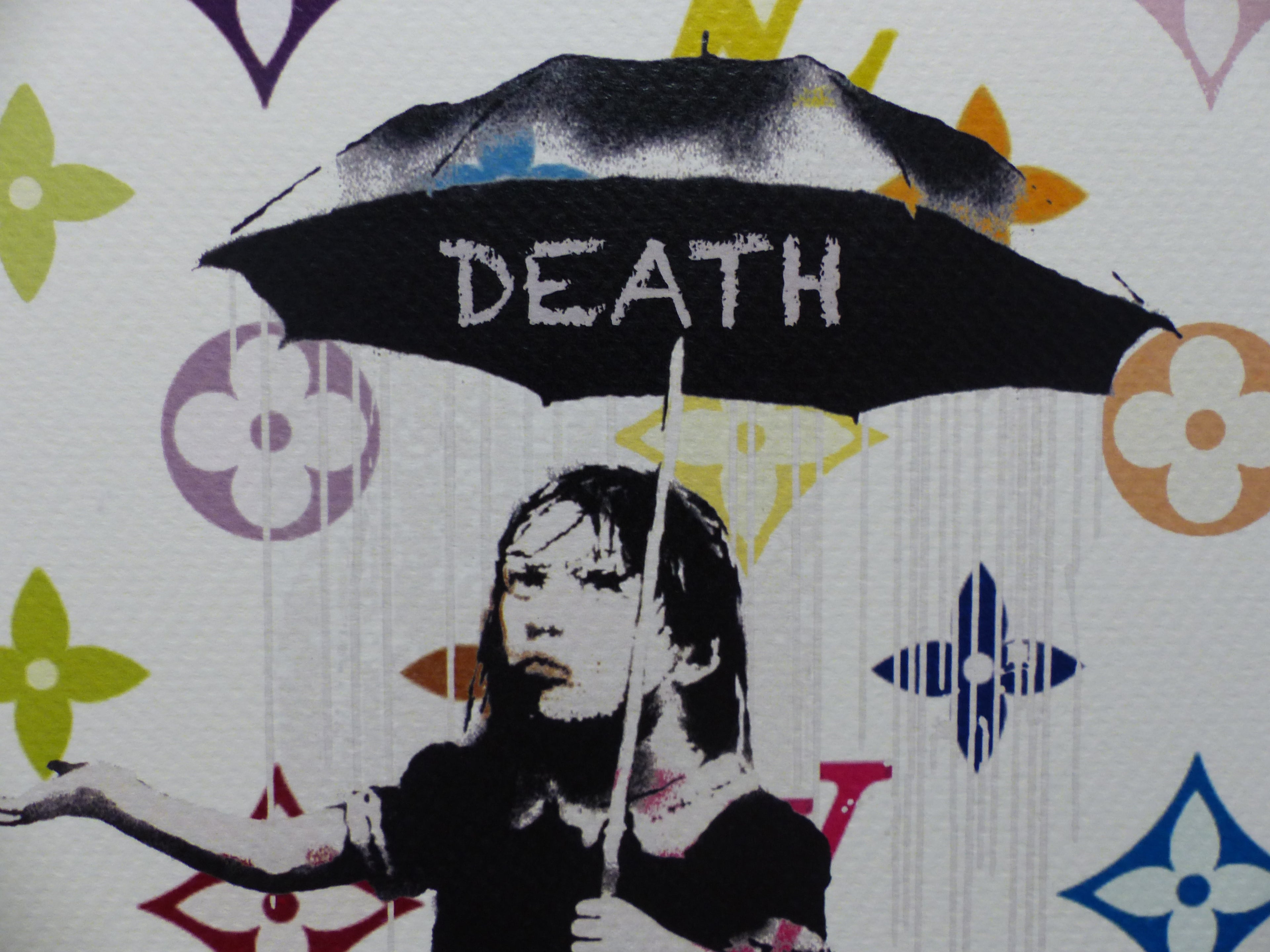 DEATH NYC fertig gerahmte Lithografie ltd.Edit. of  "Banksy Nola in the Rain" 3D Siegel u COA