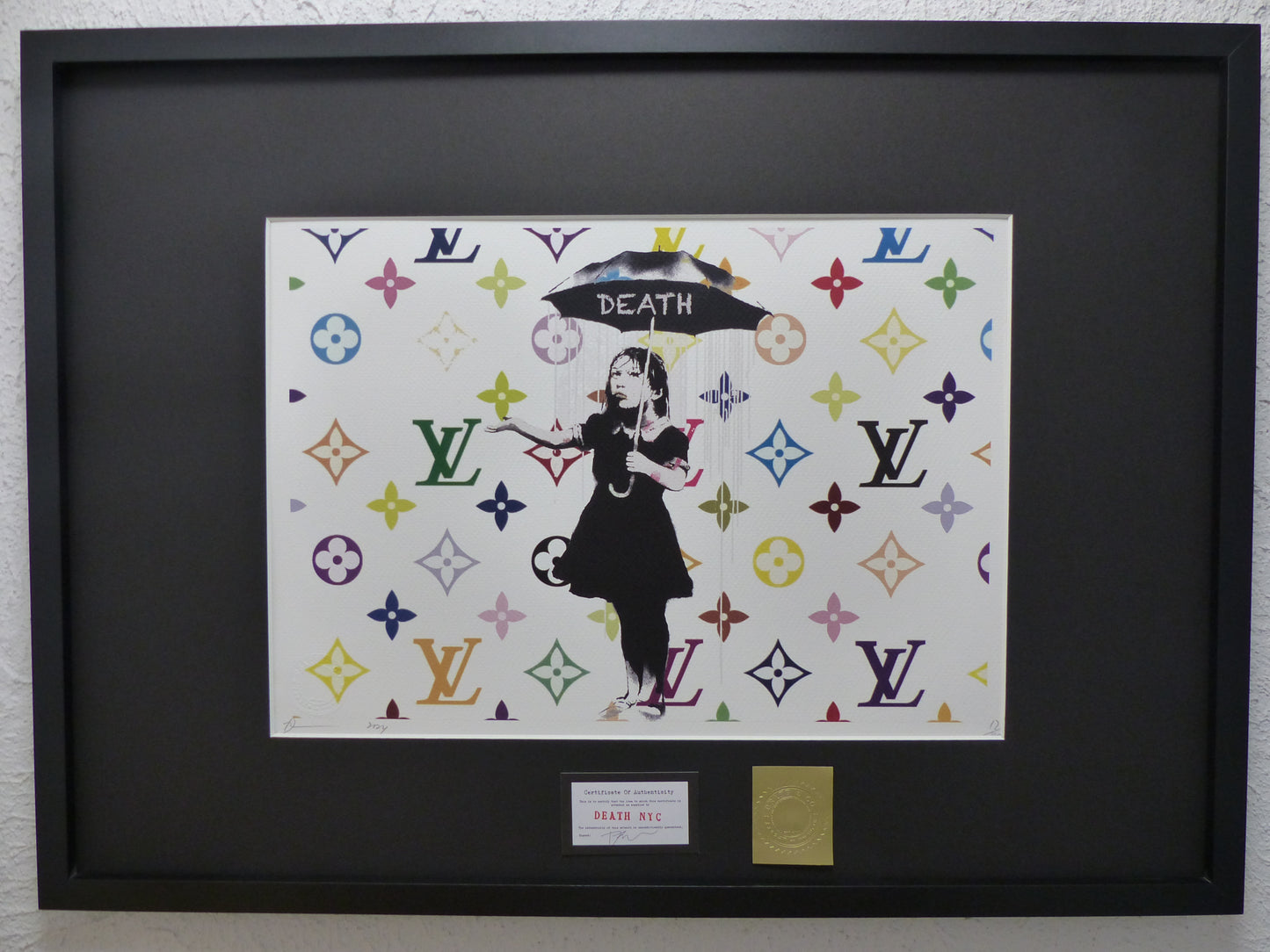DEATH NYC fertig gerahmte Lithografie ltd.Edit. of  "Banksy Nola in the Rain" 3D Siegel u COA