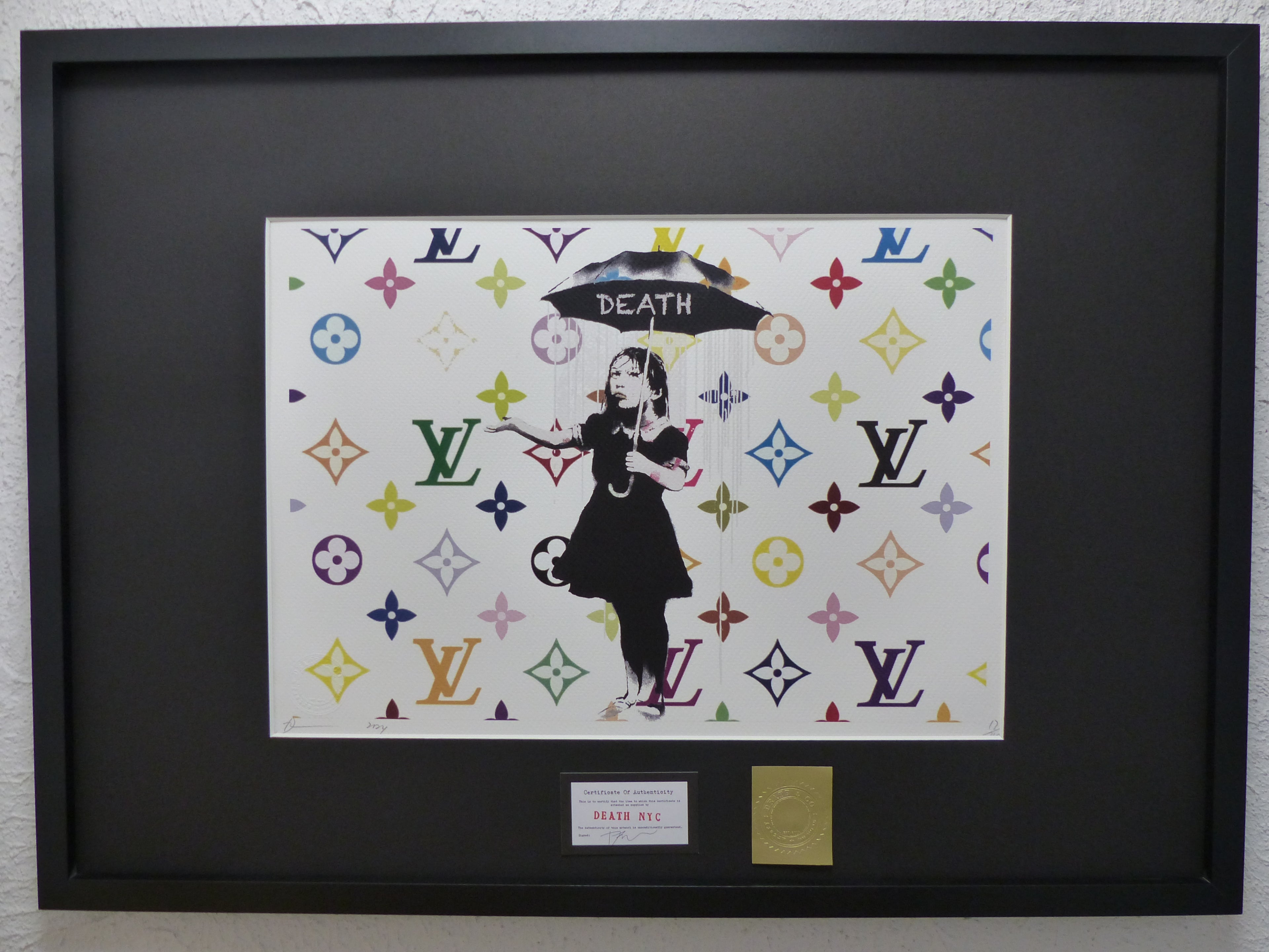 DEATH NYC fertig gerahmte Lithografie ltd.Edit. of  "Banksy Nola in the Rain" 3D Siegel u COA