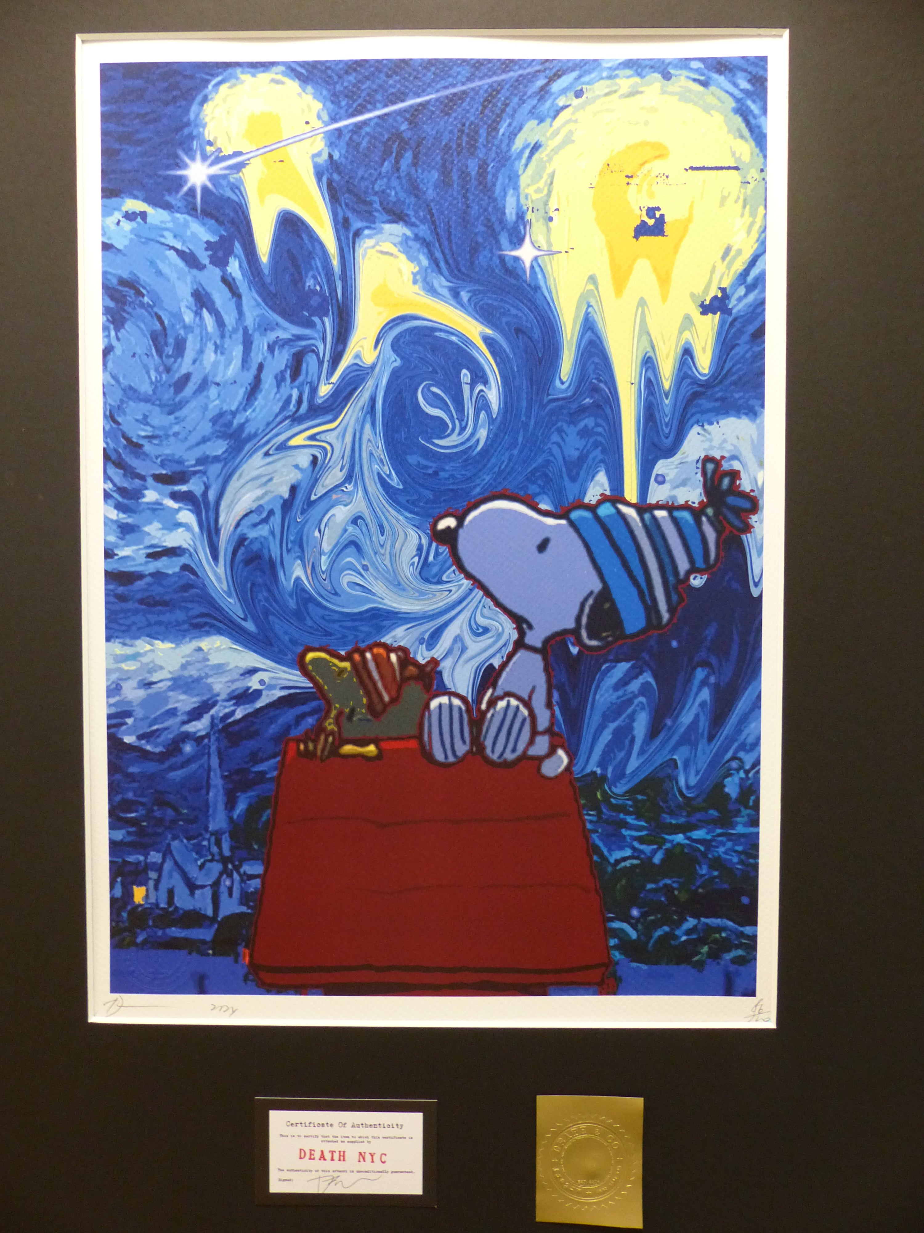DEATH NYC fertig gerahmte Lithografie ltd.Edit. of 120 "Cold Snoopy with Woodstock" 3D Siegel COA