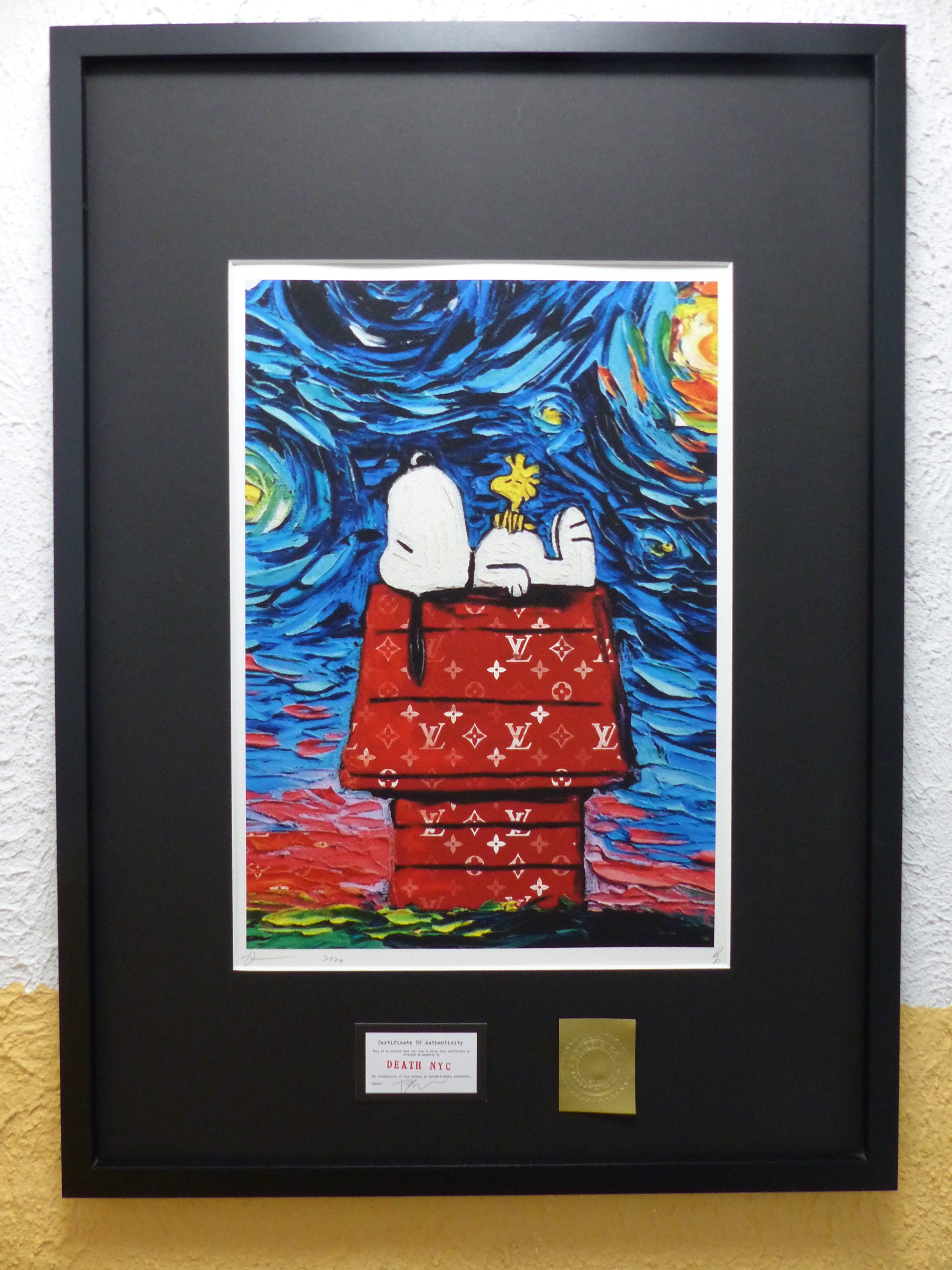 DEATH NYC fertig gerahmte Lithografie ltd. "Snoopy Woodstock chilling" 3D Siegel COA