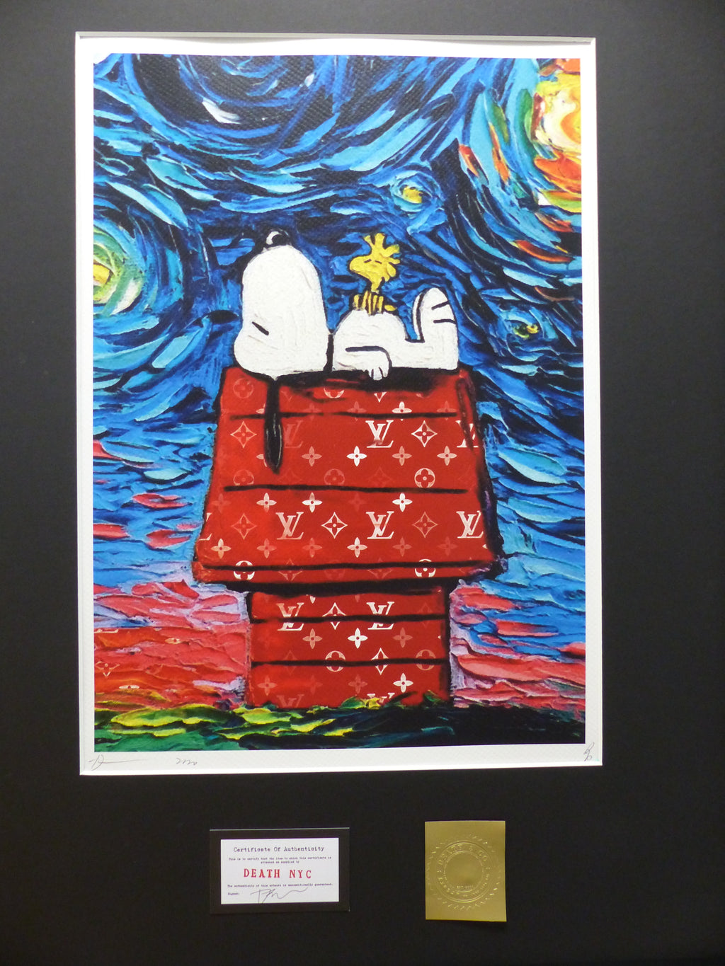 DEATH NYC fertig gerahmte Lithografie ltd. "Snoopy Woodstock chilling" 3D Siegel COA