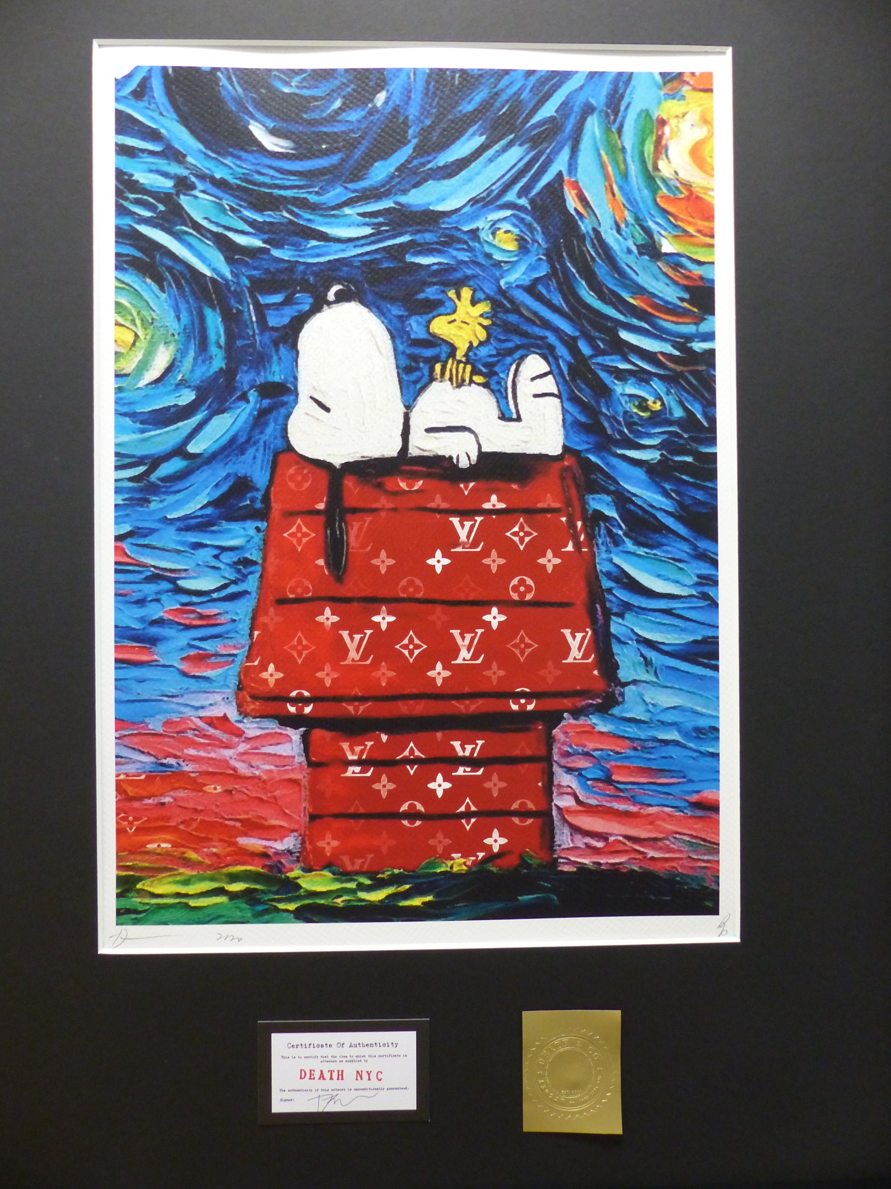 DEATH NYC fertig gerahmte Lithografie ltd. "Snoopy Woodstock chilling" 3D Siegel COA