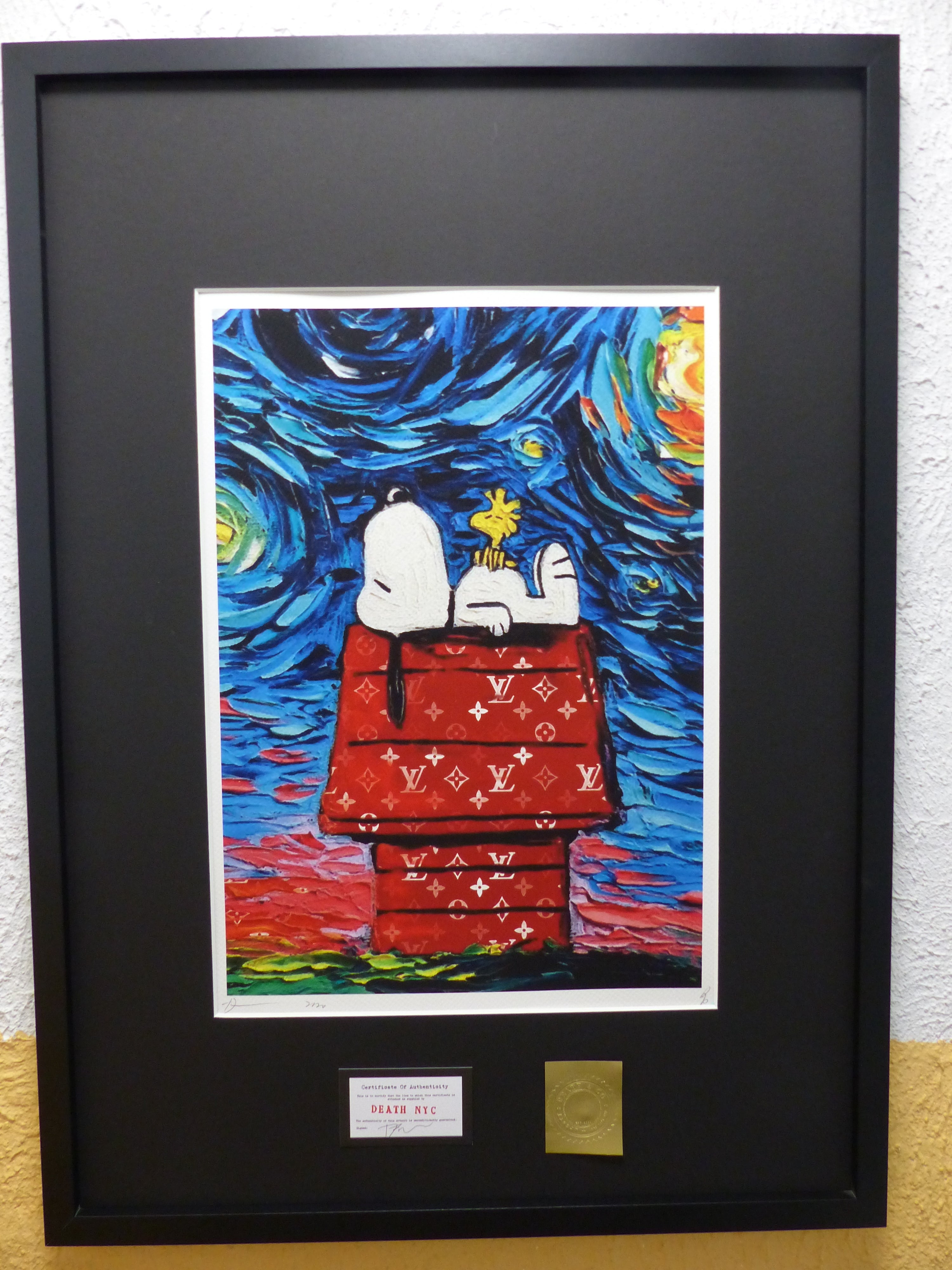 DEATH NYC fertig gerahmte Lithografie ltd. "Snoopy Woodstock chilling" 3D Siegel COA