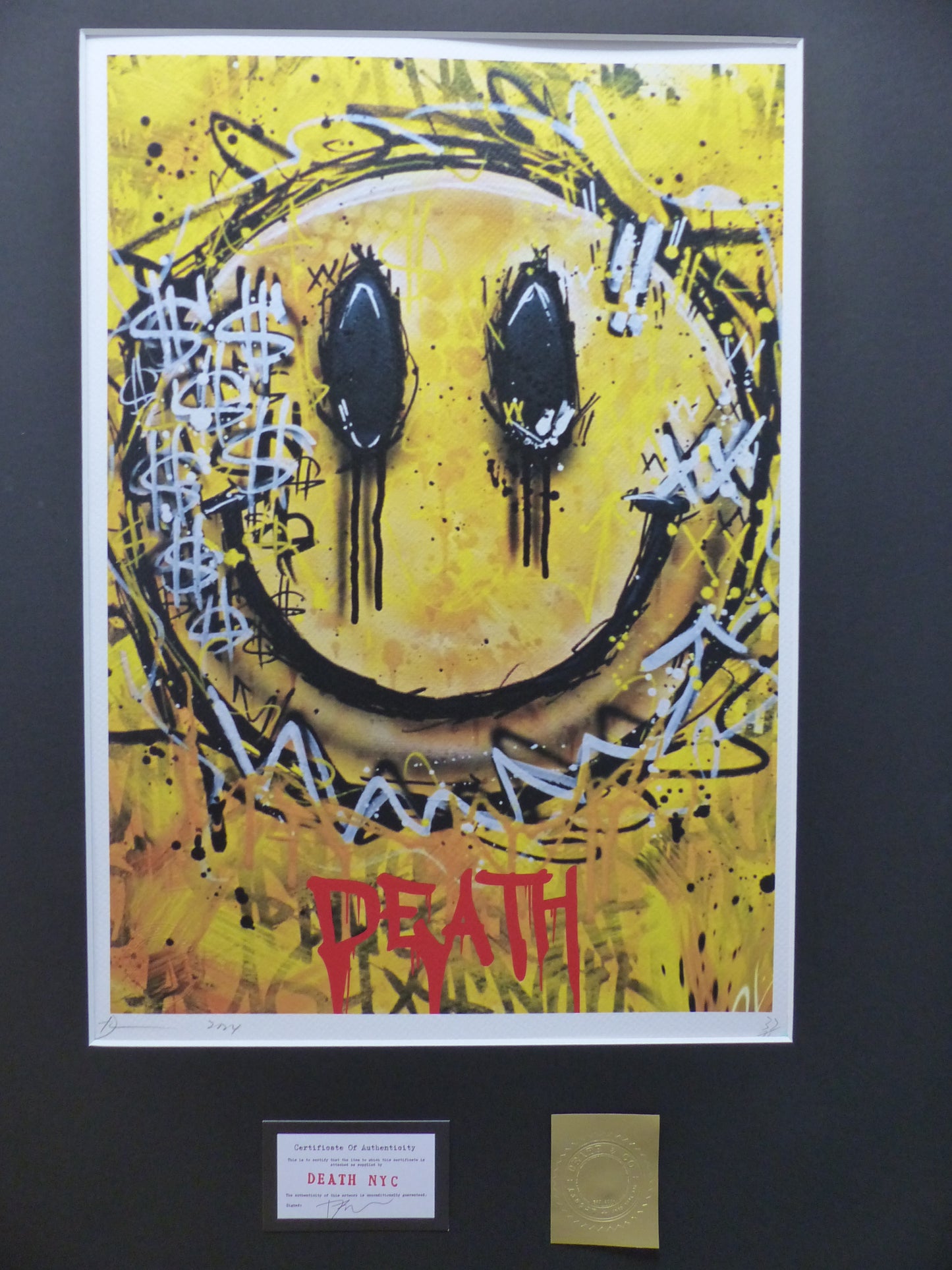 DEATH NYC fertig gerahmte Lithografie ltd Edition of 100 " Death Smiley " 3D Siegel COA