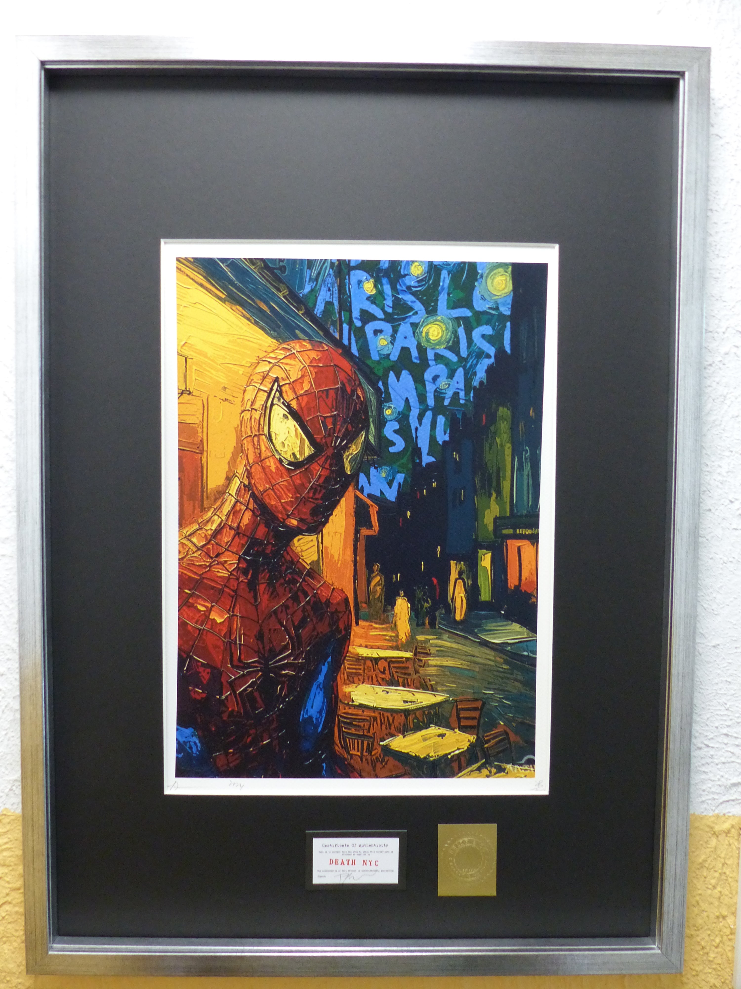 DEATH NYC fertig gerahmte Lithografie ltd. Edit. of 100 "Spiderman van Gogh Café background" 3D Siegel COA