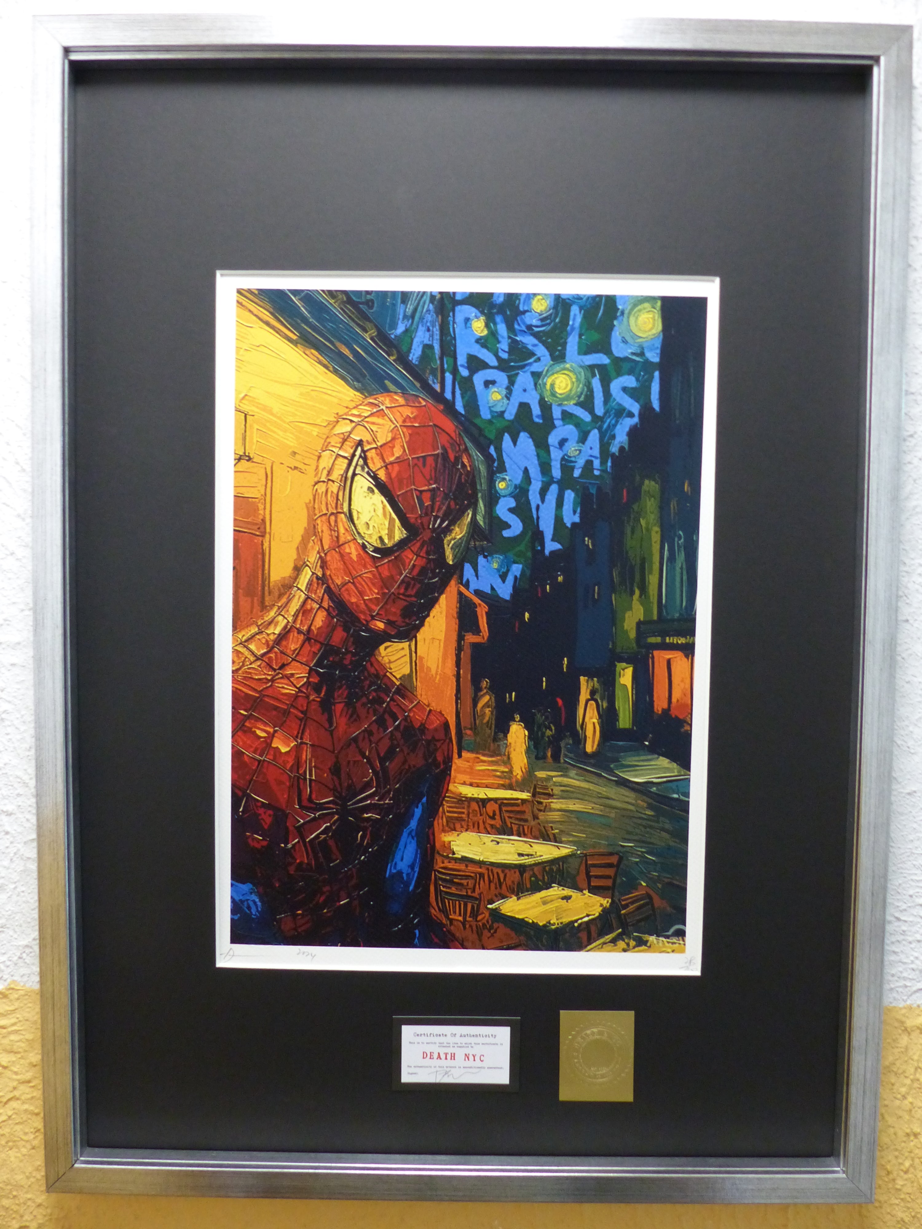 DEATH NYC fertig gerahmte Lithografie ltd. Edit. of 100 "Spiderman van Gogh Café background" 3D Siegel COA