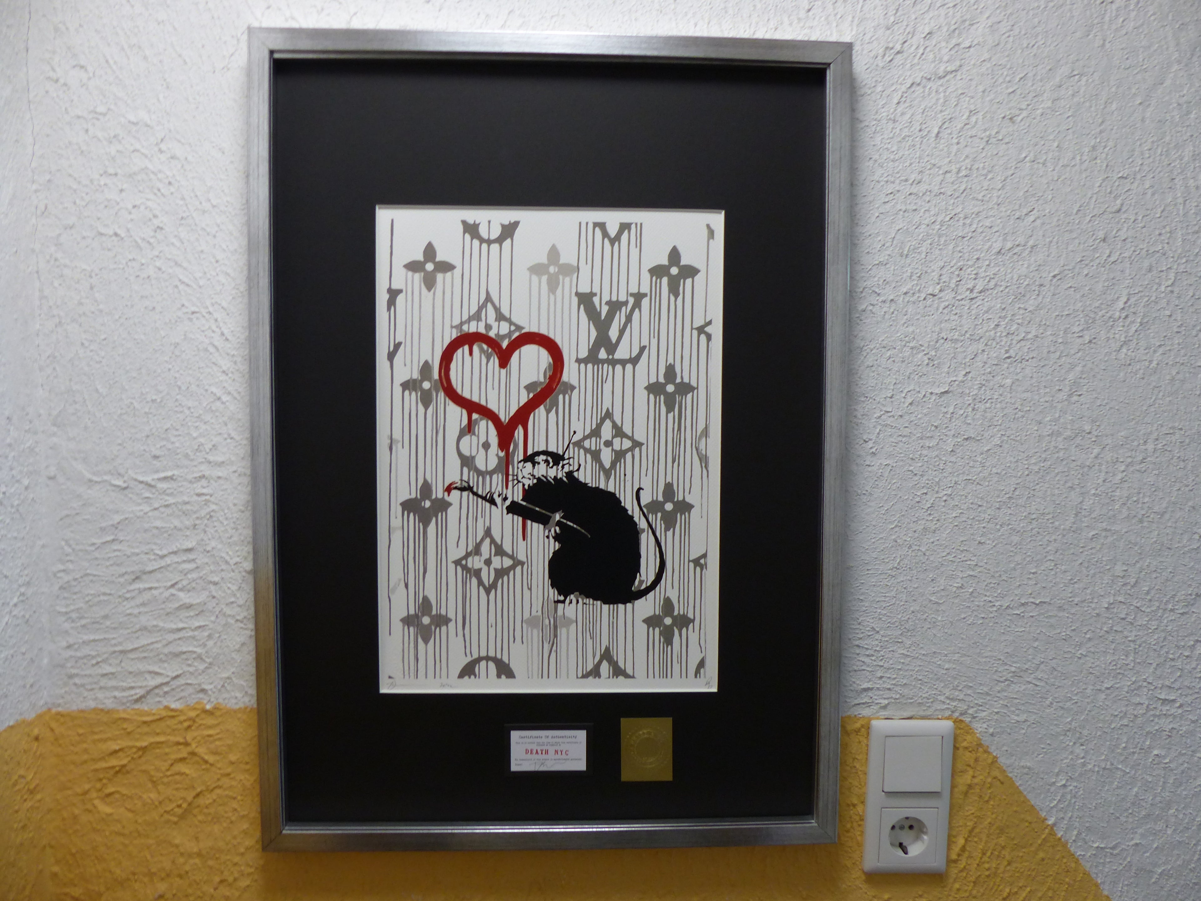 DEATH NYC fertig gerahmte Lithografie ltd Edit. of 100 "Love Rat Banksy" 3D Siegel COA