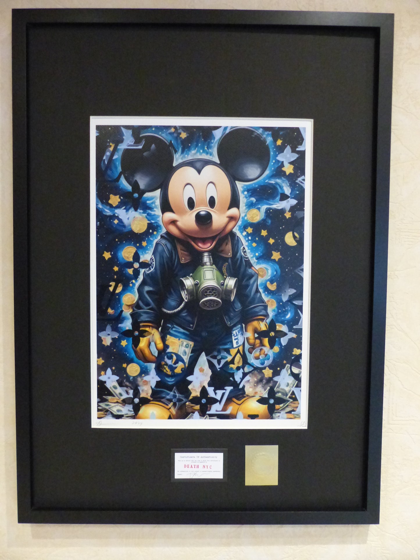 DEATH NYC fertig gerahmte Lithografie ltd. Edit. of 100 "Mickey Mouse blue money" 3D Siegel COA
