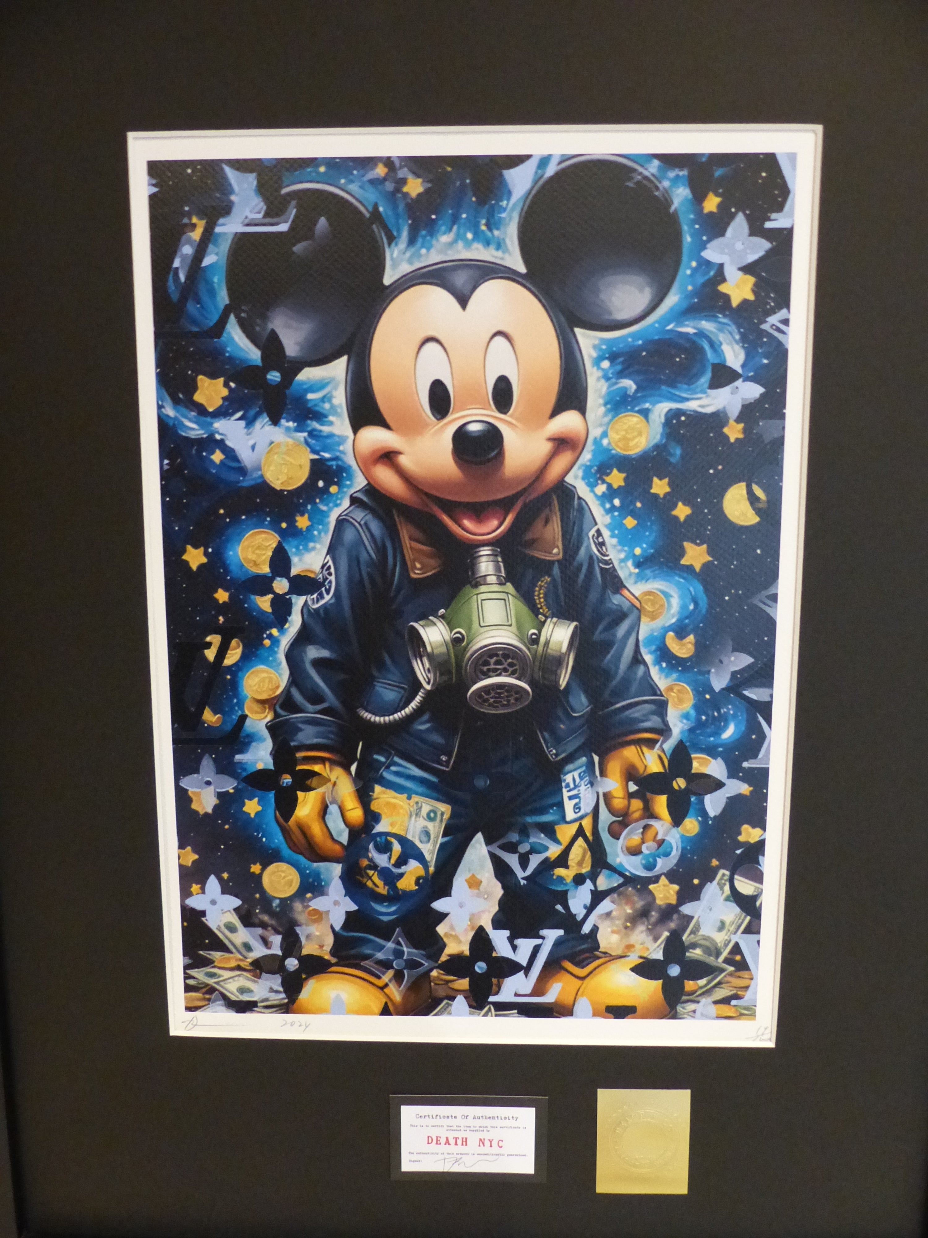 DEATH NYC fertig gerahmte Lithografie ltd. Edit. of 100 "Mickey Mouse blue money" 3D Siegel COA