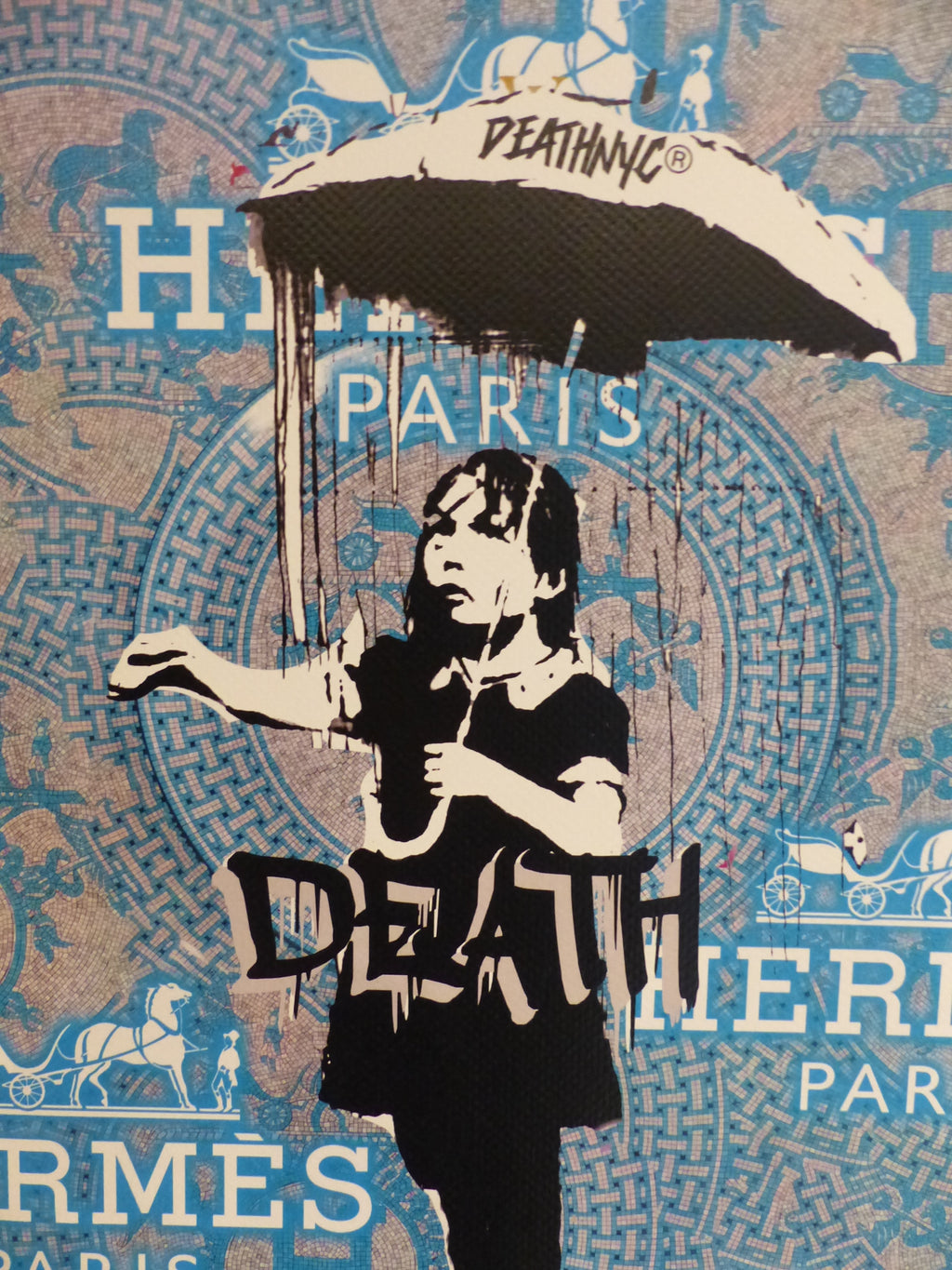 DEATH NYC fertig gerahmte Lithografie ltd. Edit of 100 "Umbrella Girl Banksy" 3D Siegel COA