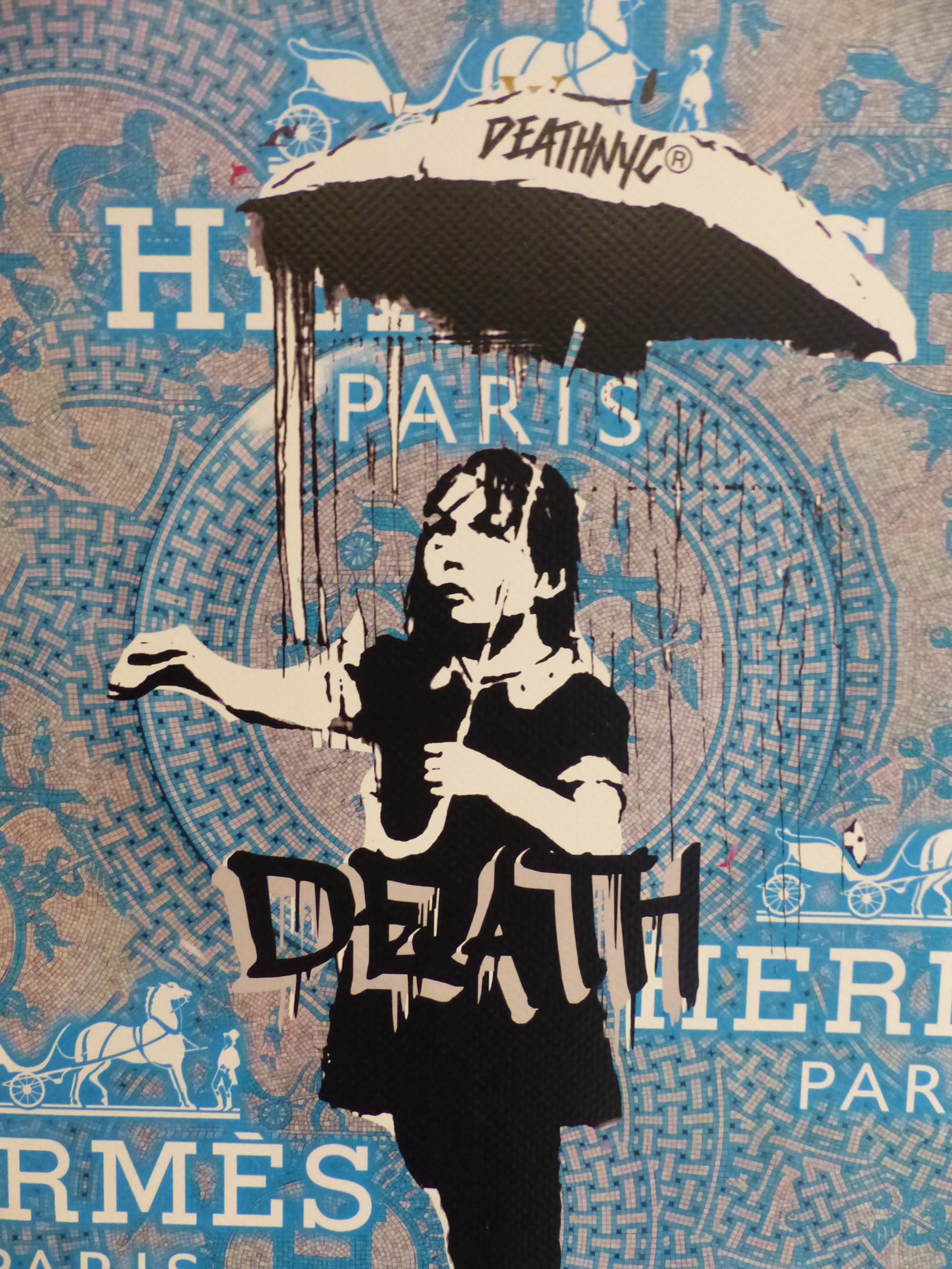DEATH NYC fertig gerahmte Lithografie ltd. Edit of 100 "Umbrella Girl Banksy" 3D Siegel COA