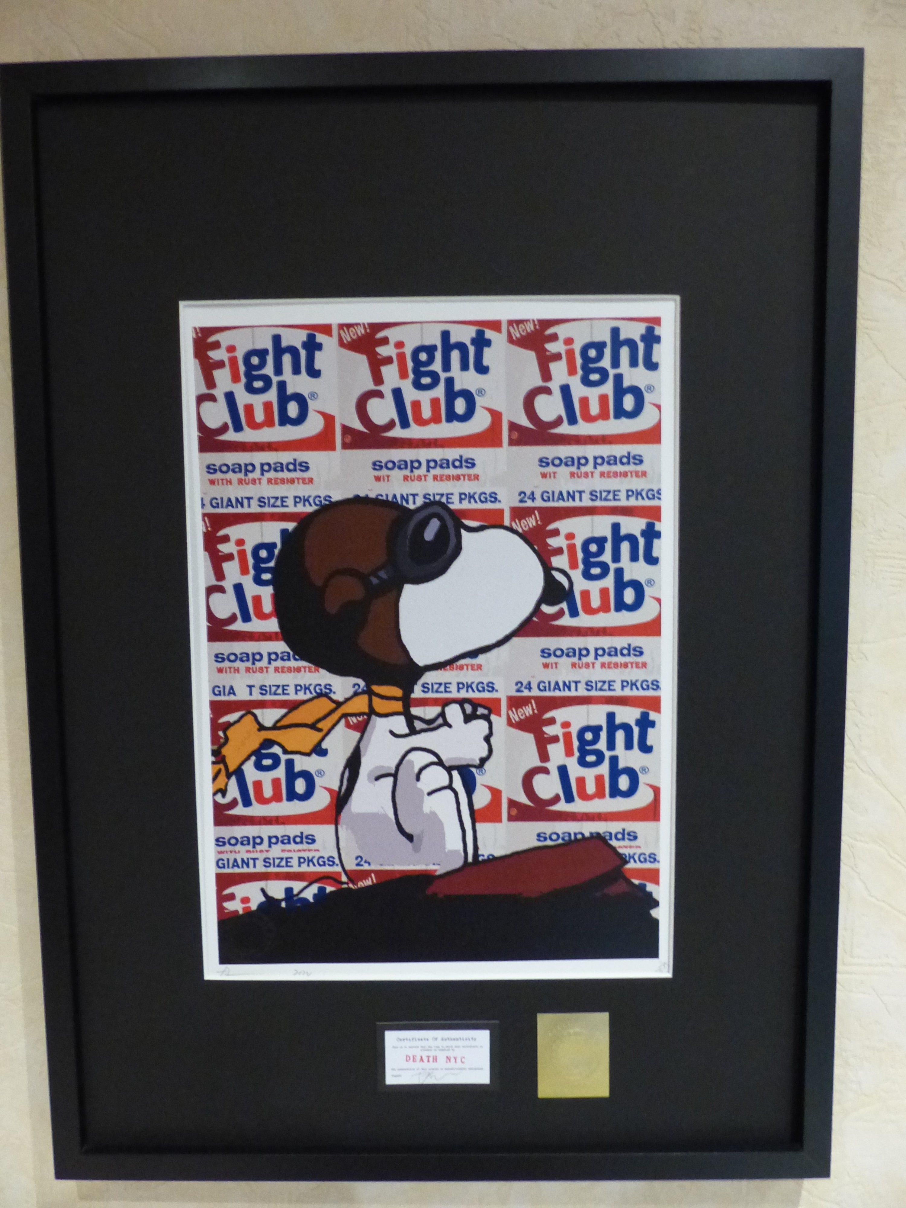 DEATH NYC fertig gerahmte Lithografie ltd. Edit. of 100 "Snoopy Fight Club" 3D Siegel COA