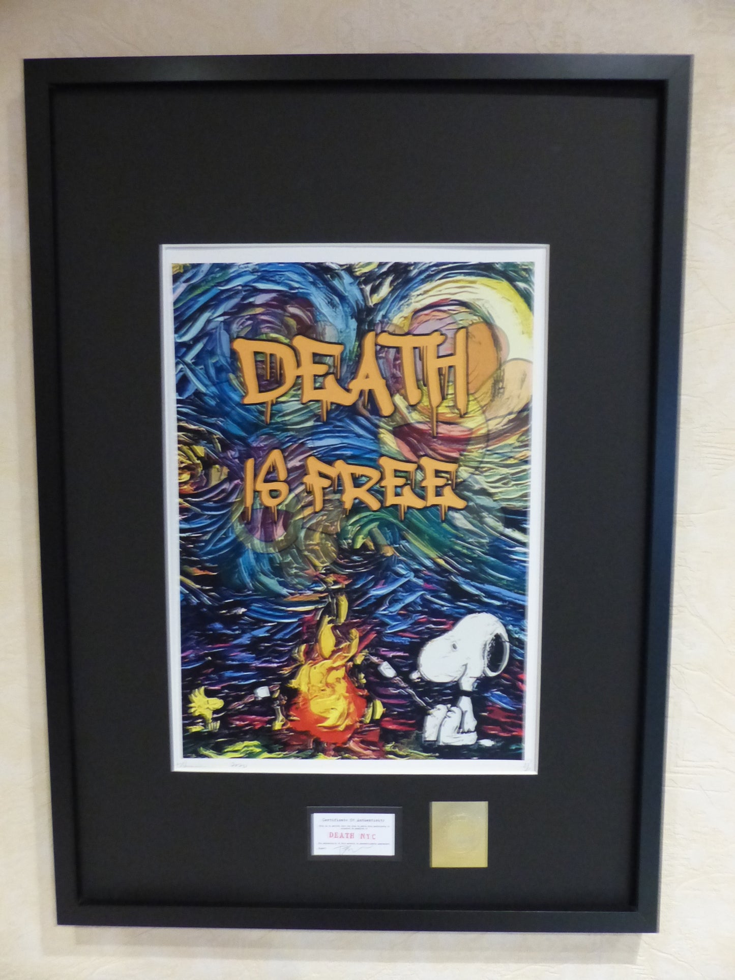DEATH NYC fertig gerahmte Lithografie ltd. Edit. of 100 "Snoopy and Woodstock" 3D Siegel COA