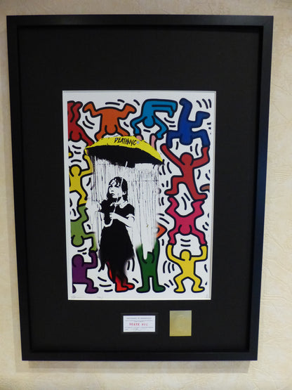 DEATH NYC fertig gerahmte Lithografie ltd. Edit. of 120"Banksy Umbrella Girl Keith Haring" 3D Siegel COA