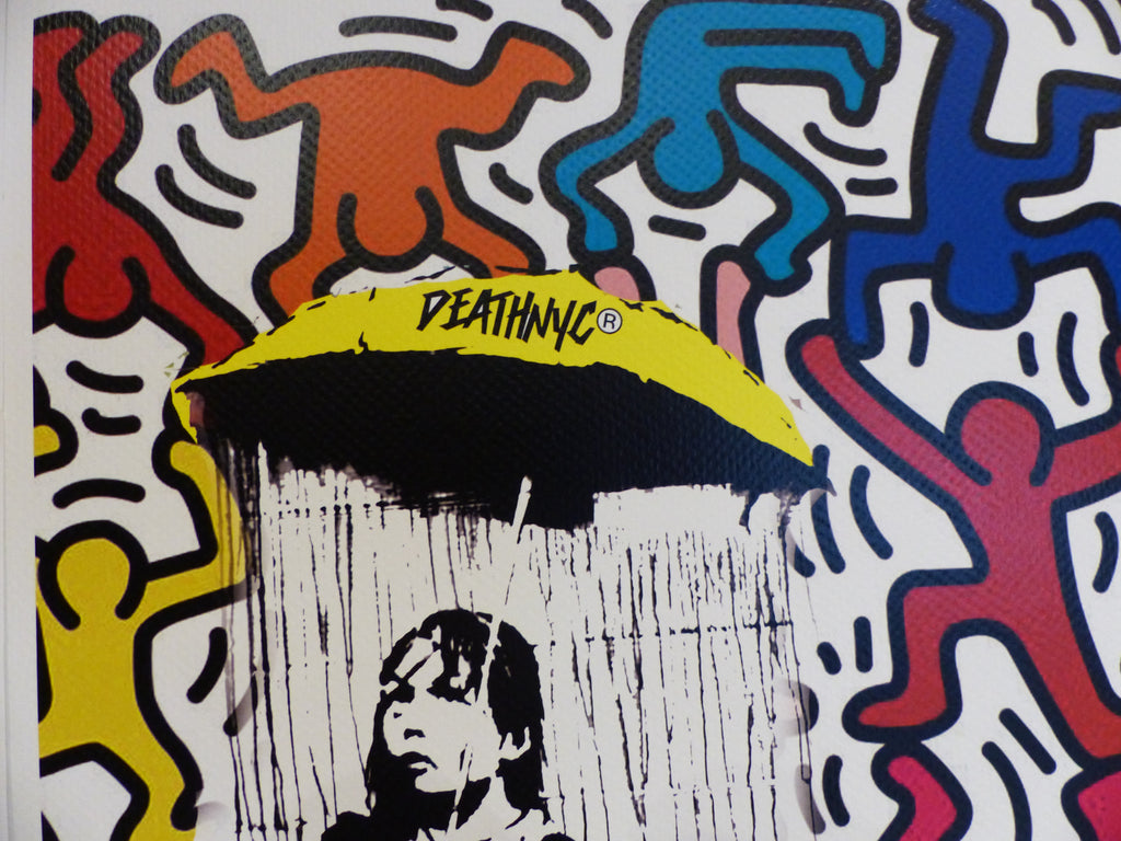 DEATH NYC fertig gerahmte Lithografie ltd. Edit. of 120"Banksy Umbrella Girl Keith Haring" 3D Siegel COA