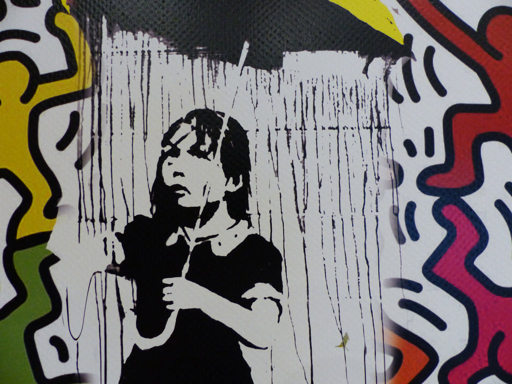 DEATH NYC fertig gerahmte Lithografie ltd. Edit. of 120"Banksy Umbrella Girl Keith Haring" 3D Siegel COA