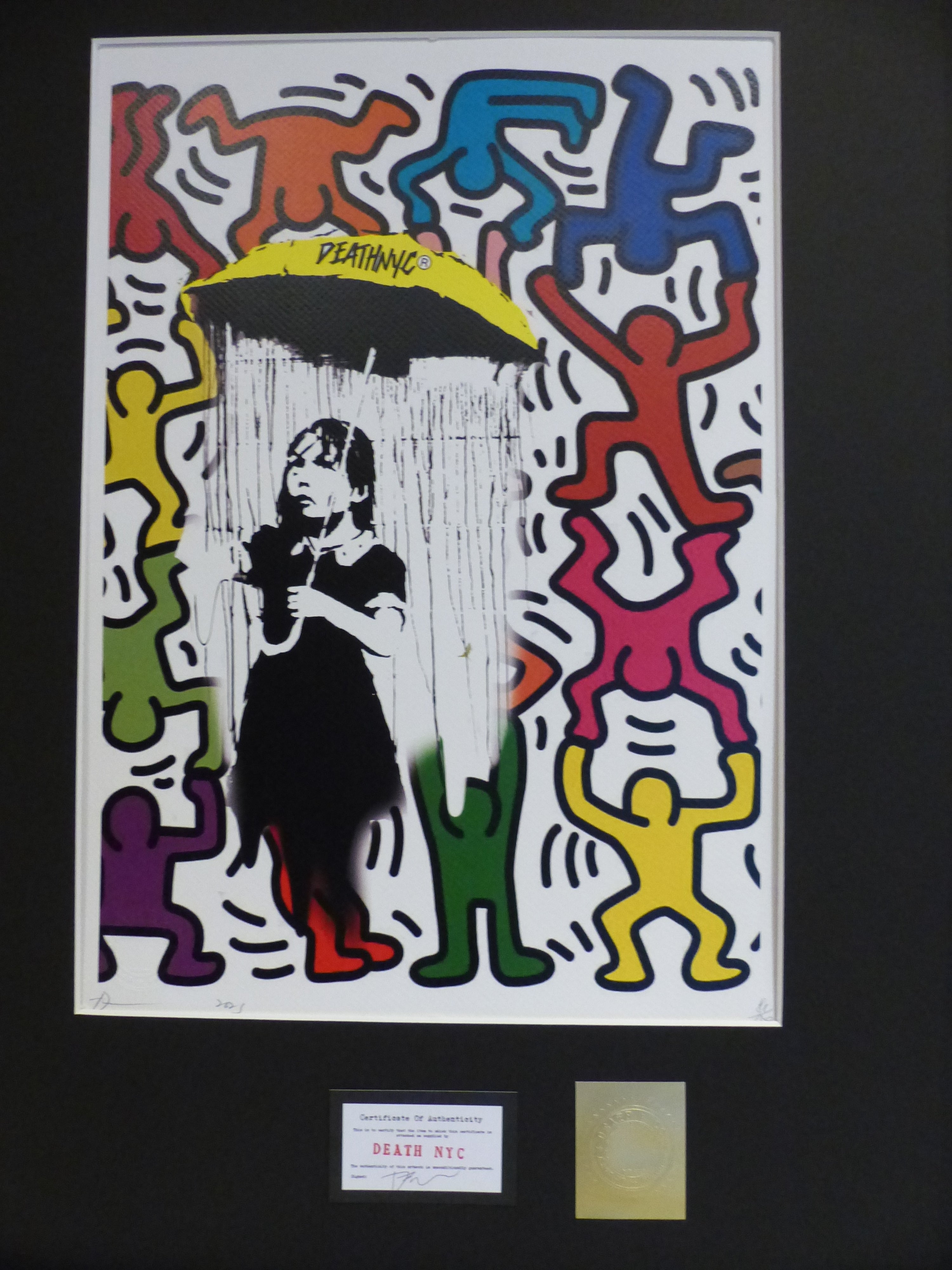 DEATH NYC fertig gerahmte Lithografie ltd. Edit. of 120"Banksy Umbrella Girl Keith Haring" 3D Siegel COA