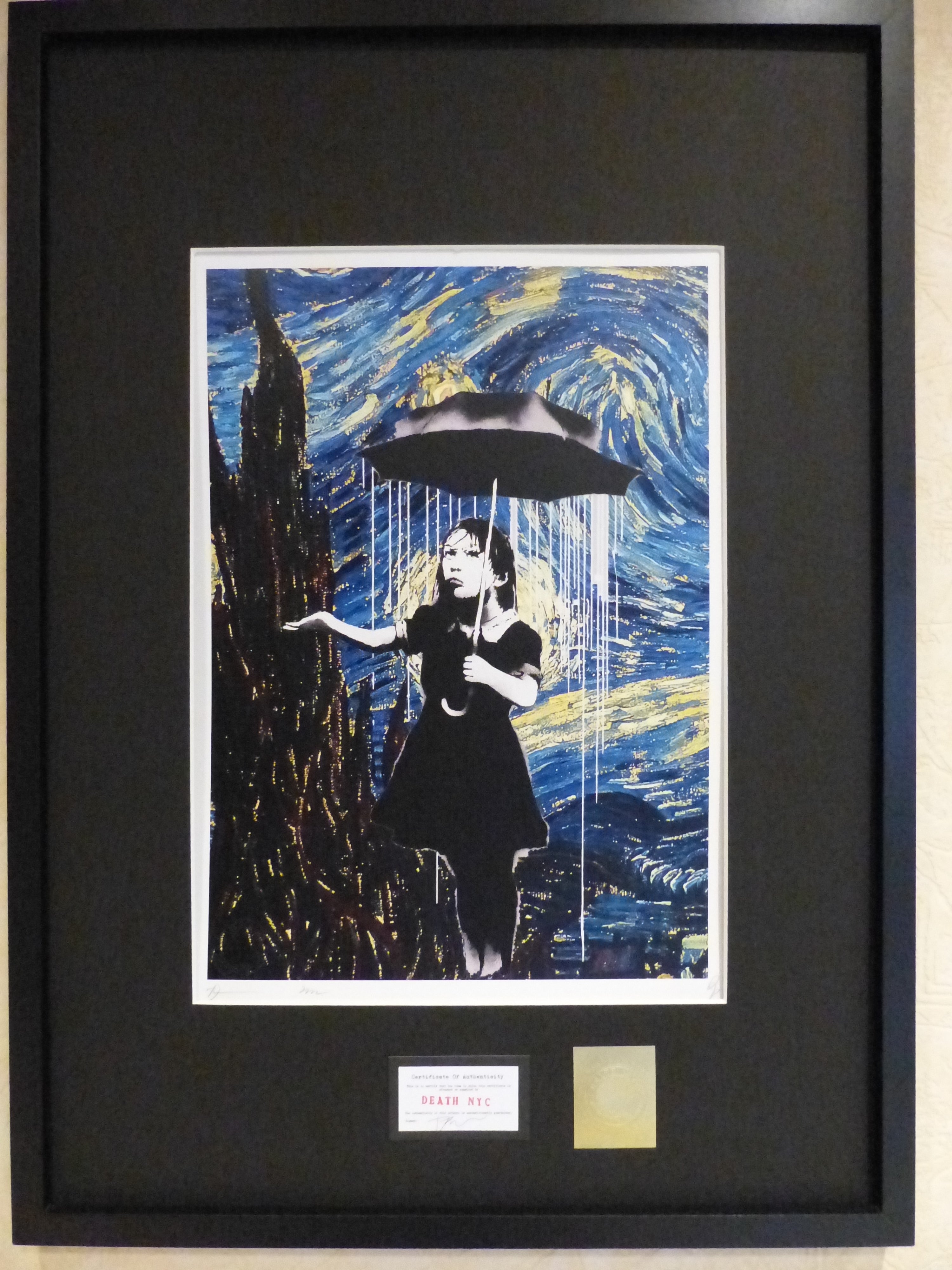 DEATH NYC fertig gerahmte Lithografie ltd. Edit.of 120 "Umbrella Girl van Gogh" 3D Siegel COA