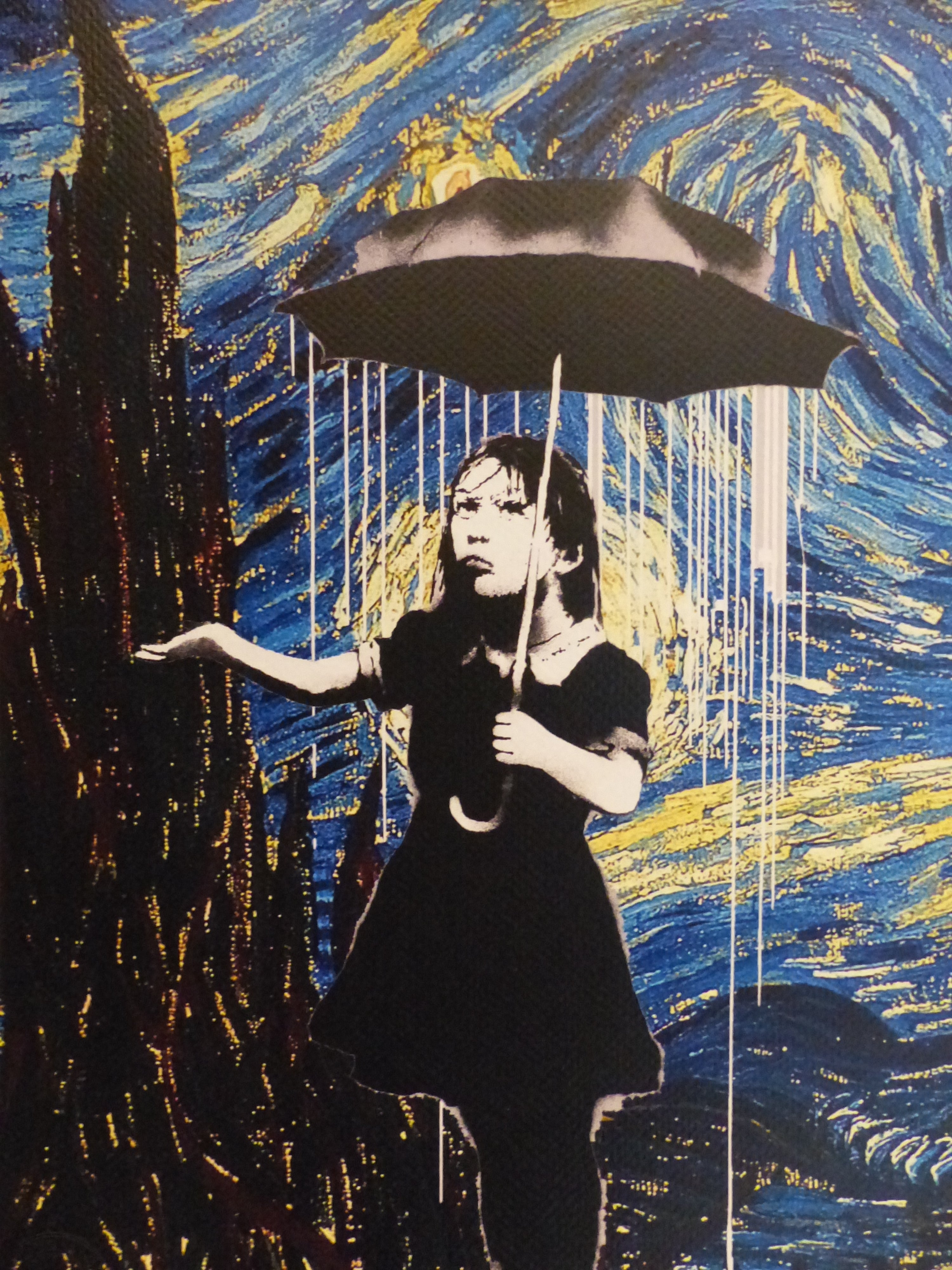 DEATH NYC fertig gerahmte Lithografie ltd. Edit.of 120 "Umbrella Girl van Gogh" 3D Siegel COA