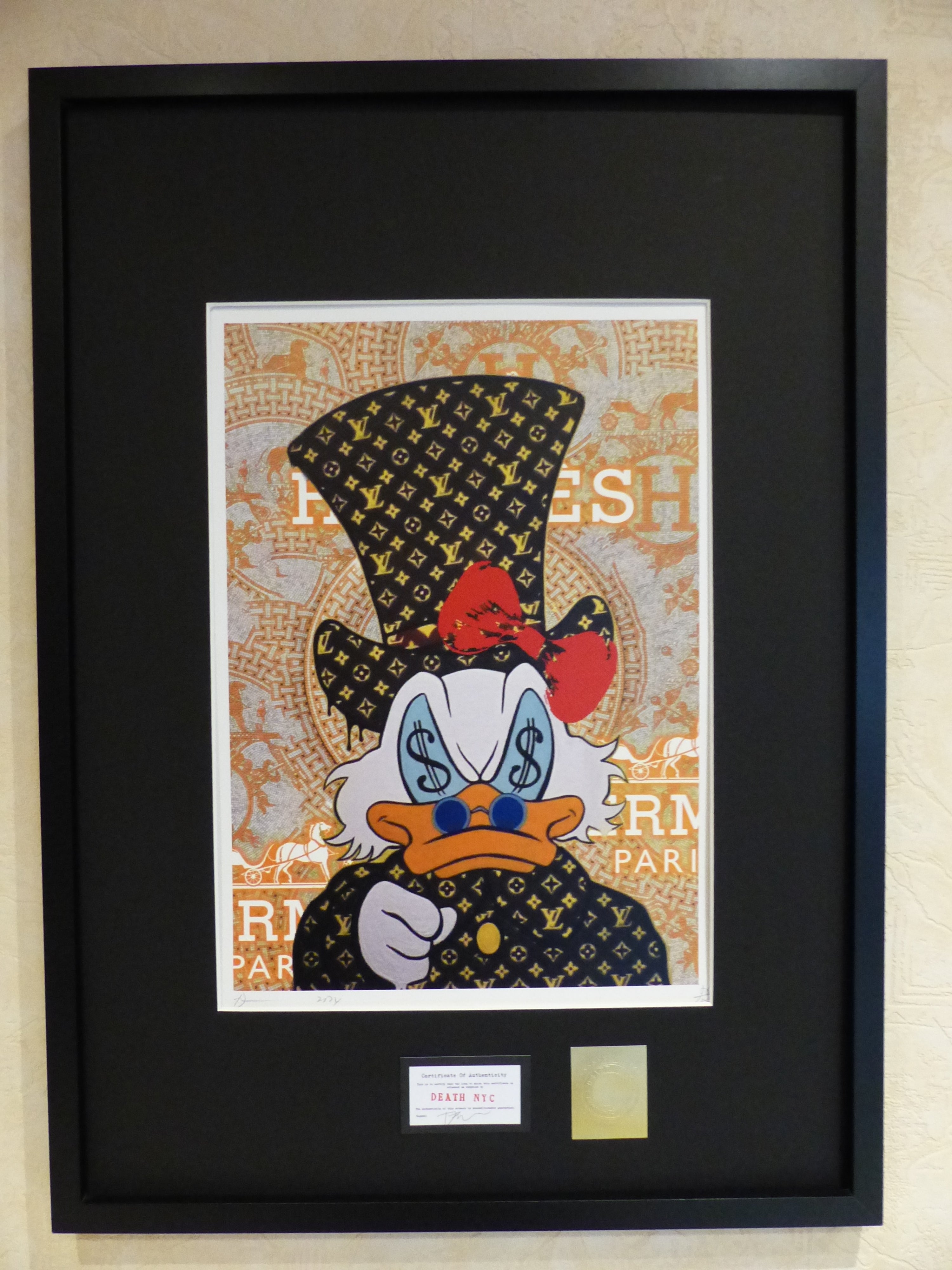 DEATH NYC fertig gerahmte Lithografie ltd. Edit. of 100 "Dagobert Duck Money" 3D Siegel COA