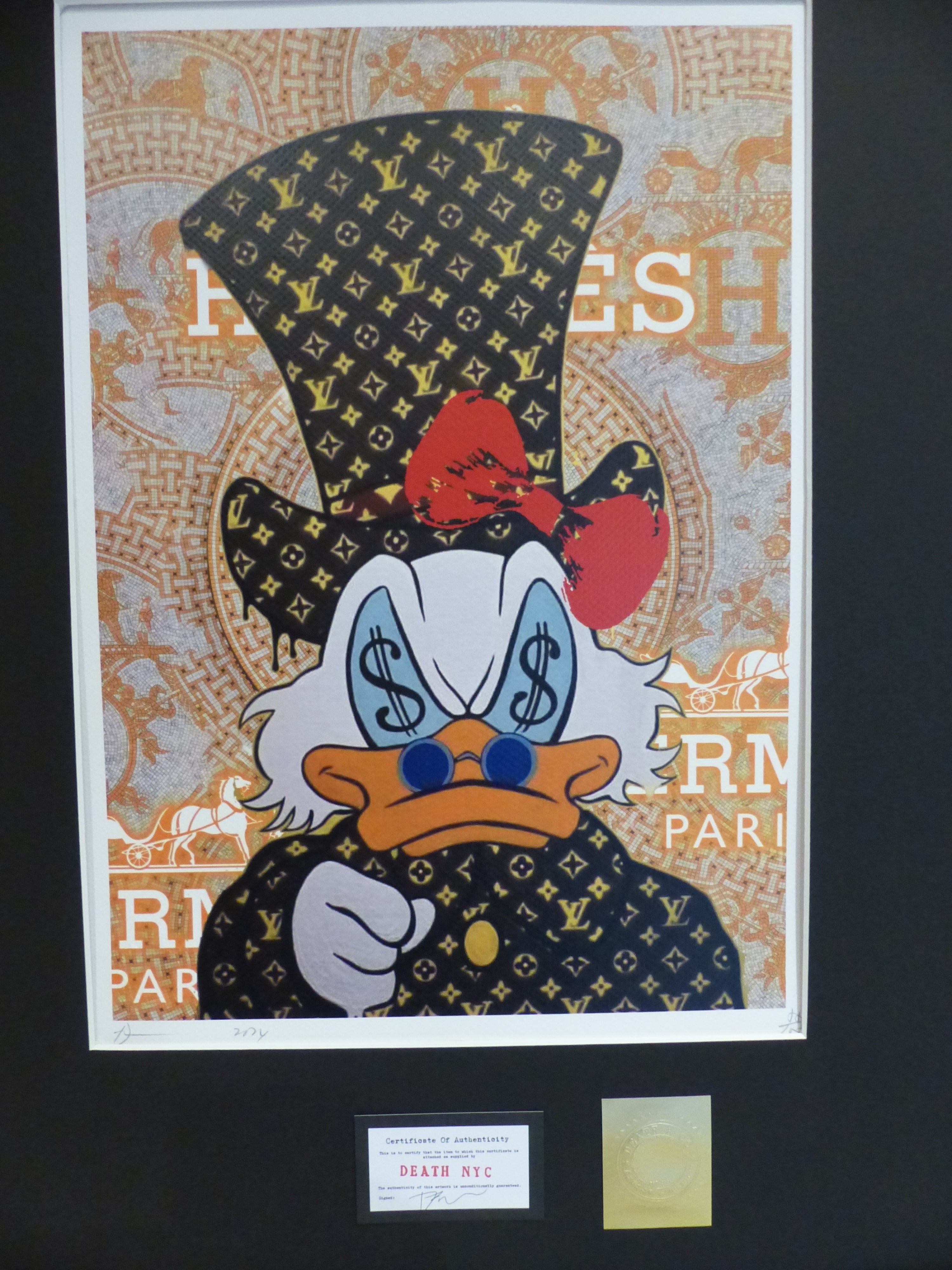 DEATH NYC fertig gerahmte Lithografie ltd. Edit. of 100 "Dagobert Duck Money" 3D Siegel COA