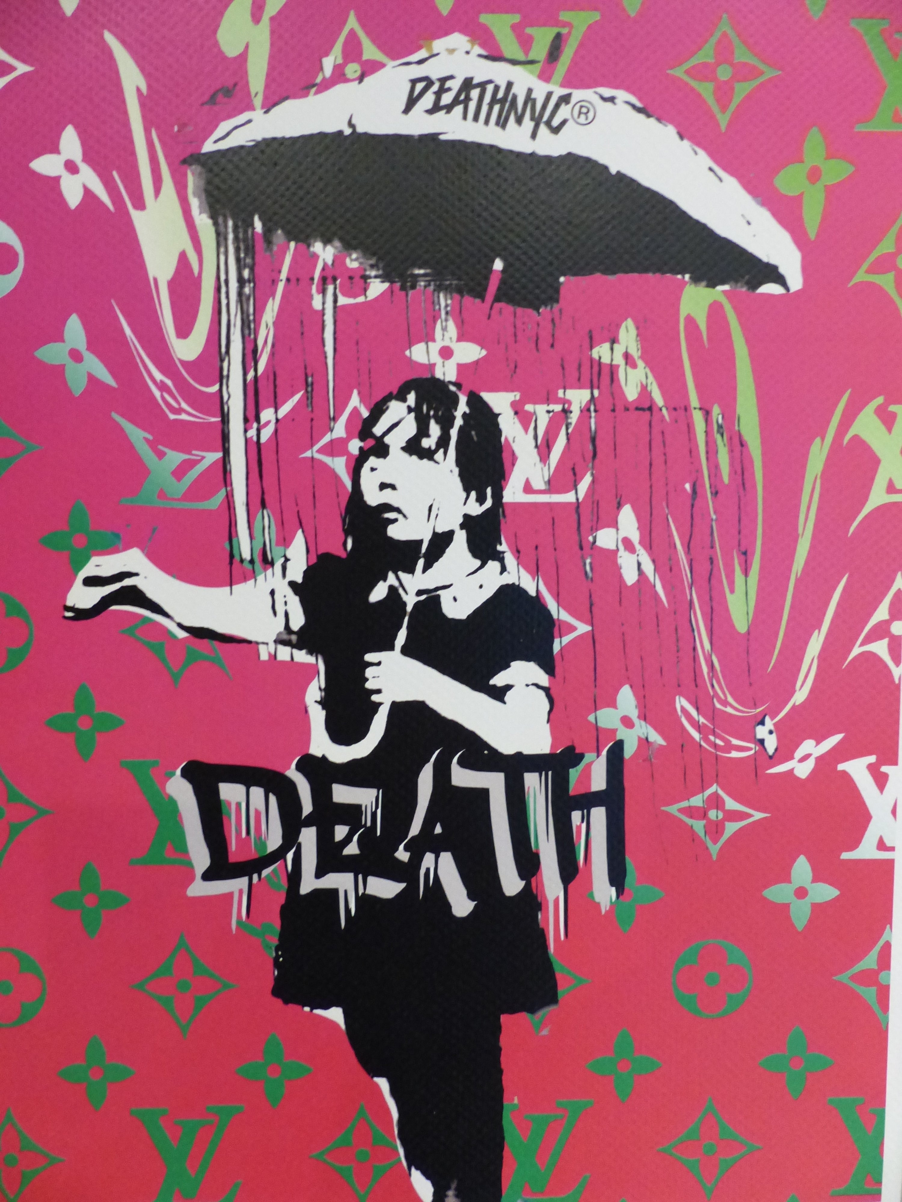 DEATH NYC fertig gerahmte Lithografie ltd. Edit of 100 " Banksy Umbrella Girl purple" 3D Siegel COA