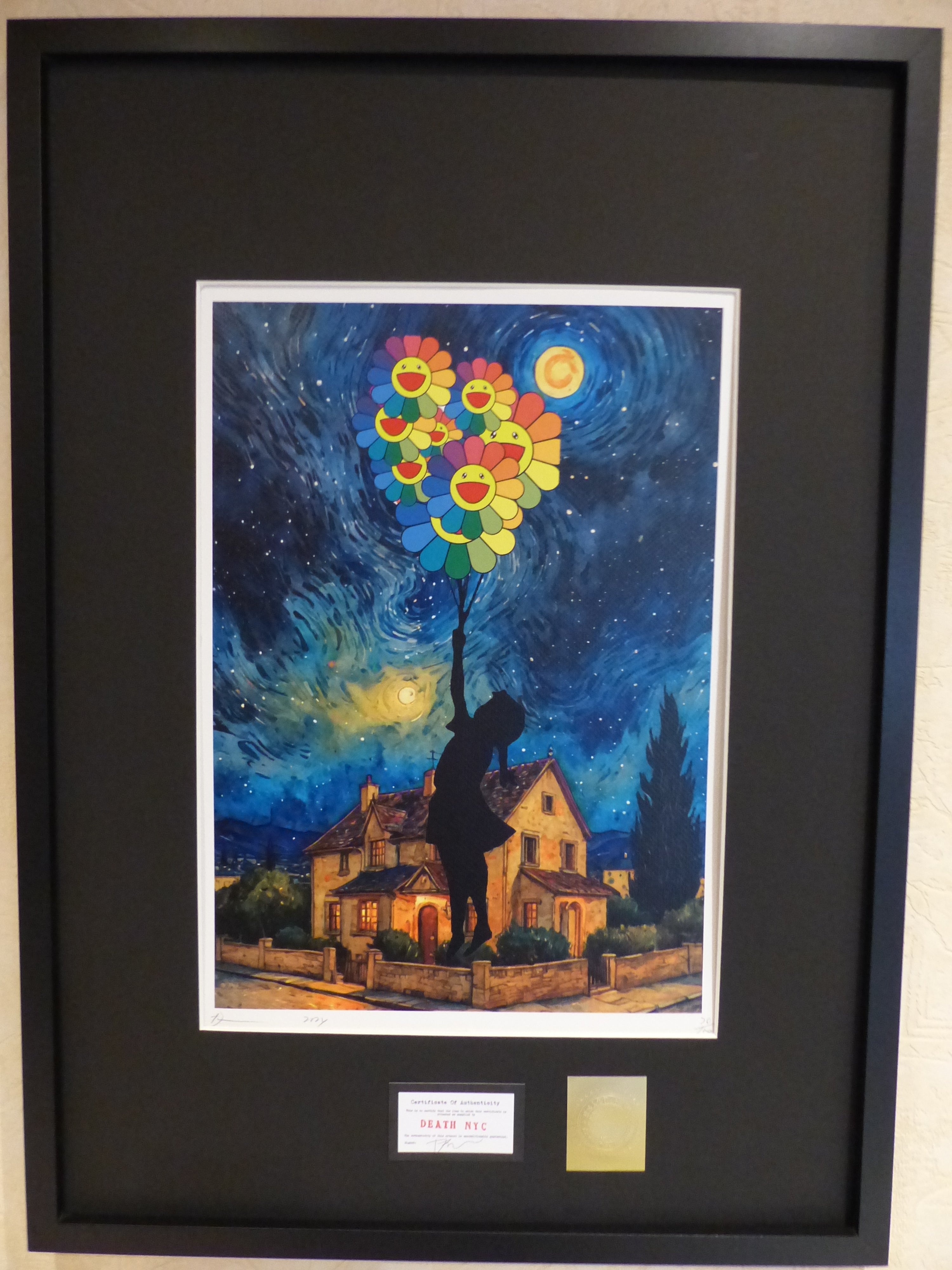 DEATH NYC gerahnmte Lithografie ltd. Edit. of "Balloon Girl van Gogh and Murakami flower" 3D Siegel COA