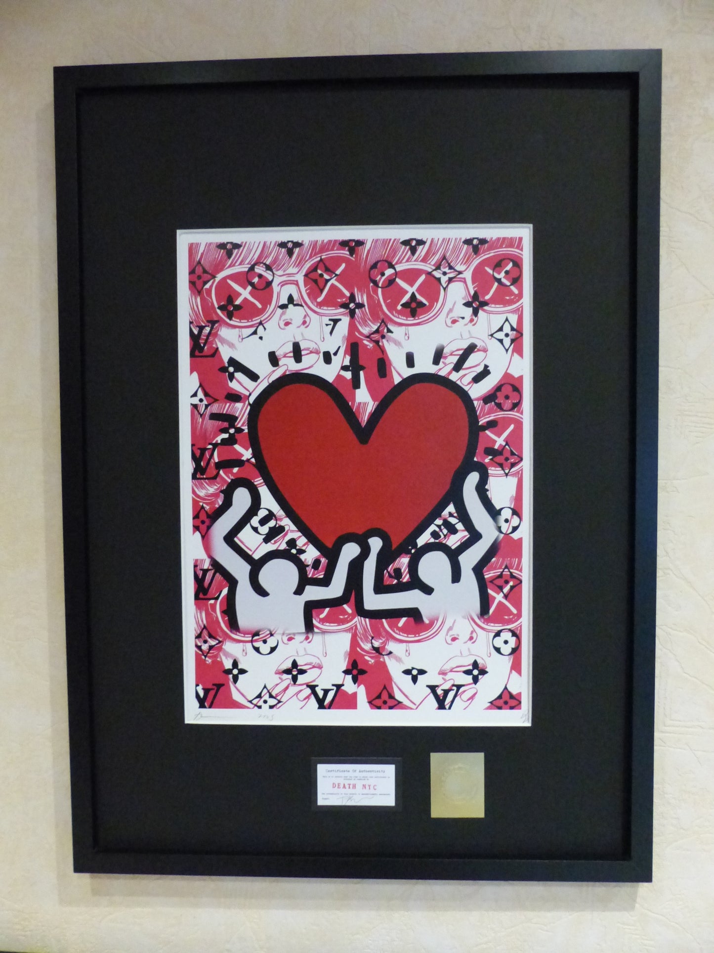 DEATH NYC fertig gerahmte Lithografie ltd.Edit. of 100 "Keith Haring Red Heart" 3D Siegel COA