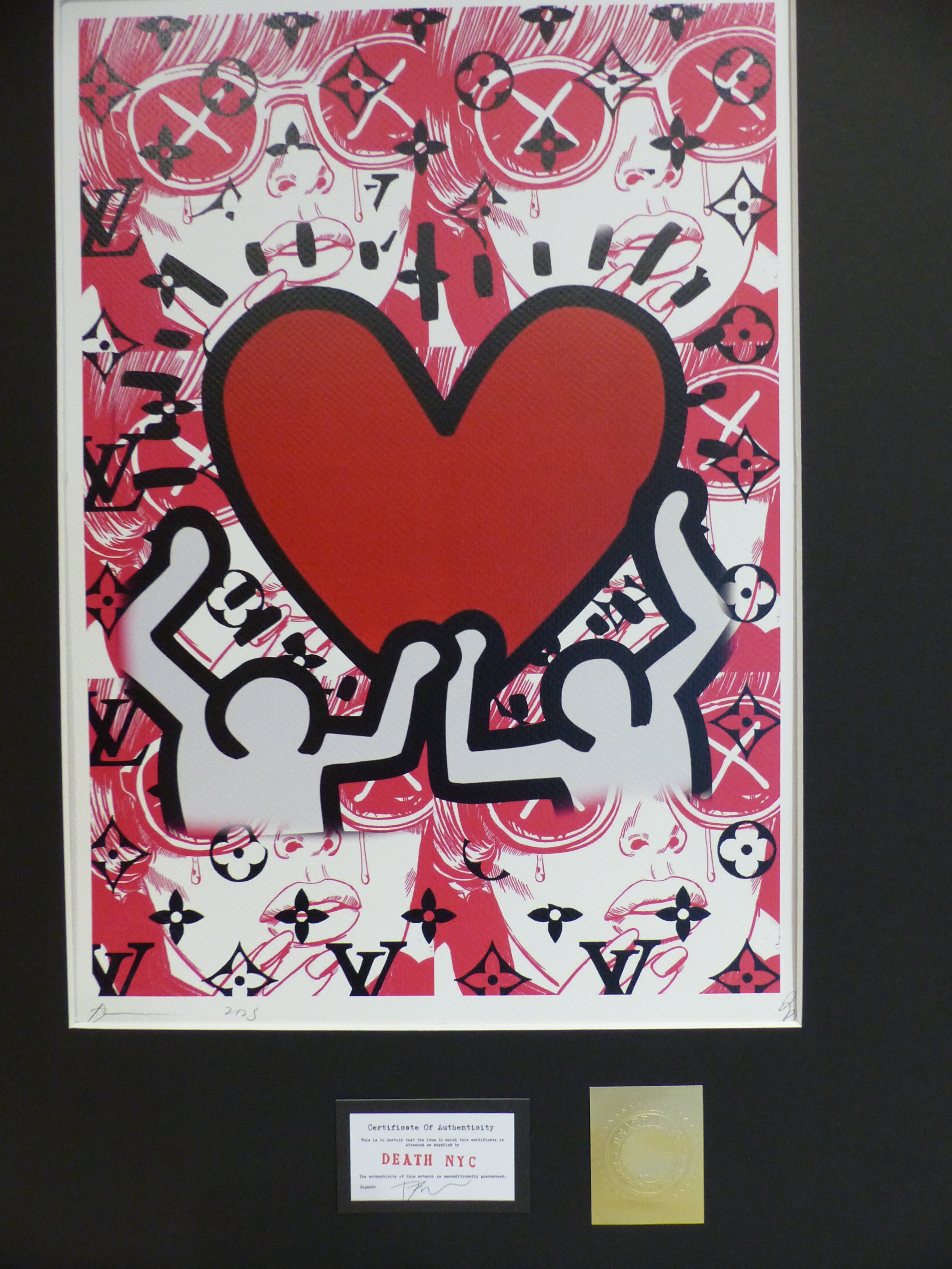 DEATH NYC fertig gerahmte Lithografie ltd.Edit. of 100 "Keith Haring Red Heart" 3D Siegel COA