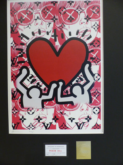 DEATH NYC fertig gerahmte Lithografie ltd.Edit. of 100 "Keith Haring Red Heart" 3D Siegel COA