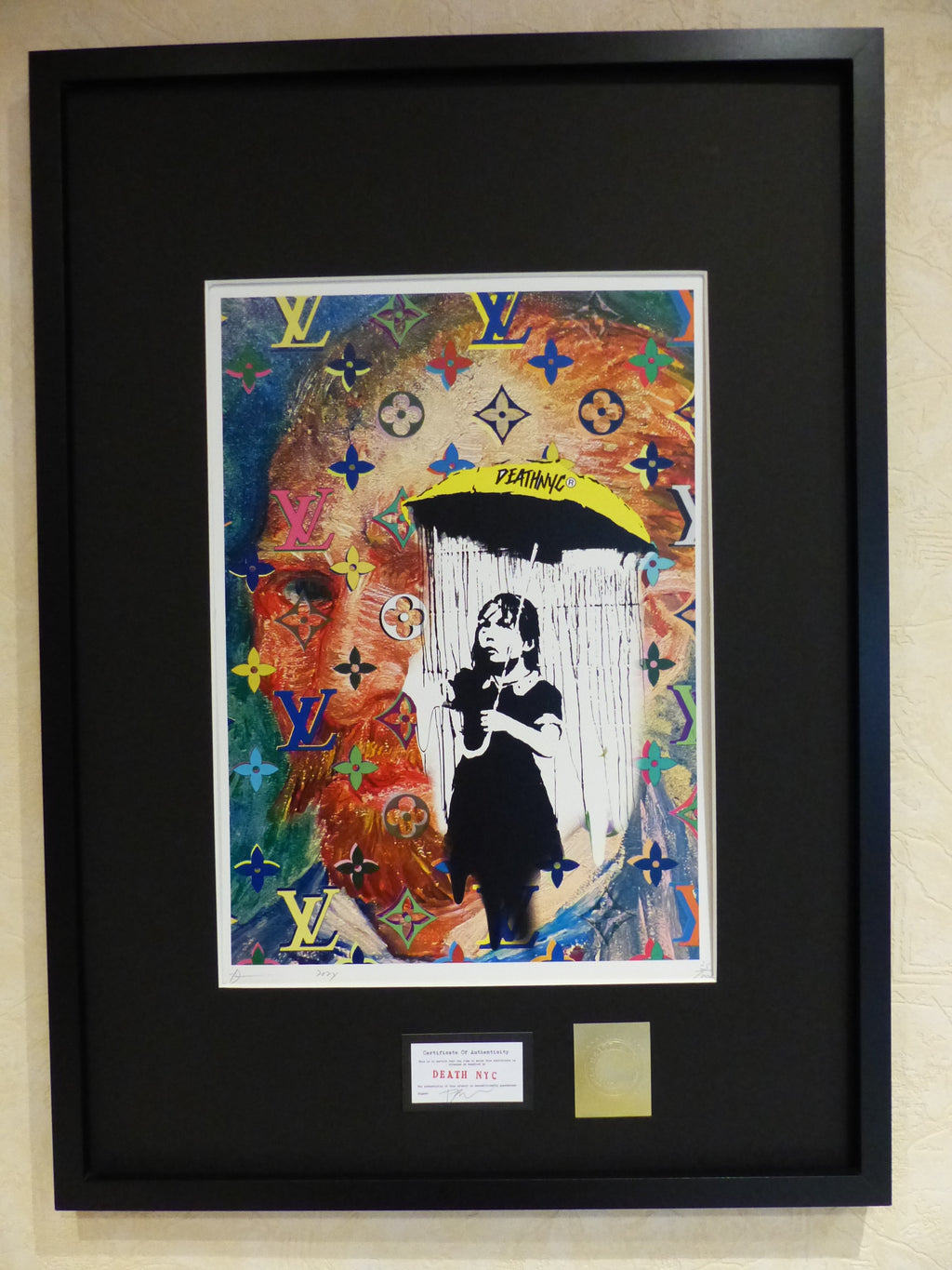 DEATH NYC fertig gerahmte Lithografie ltd. Edit. of 100 "Banksy Umbrella Girl van Gogh" 3D Siegel COA