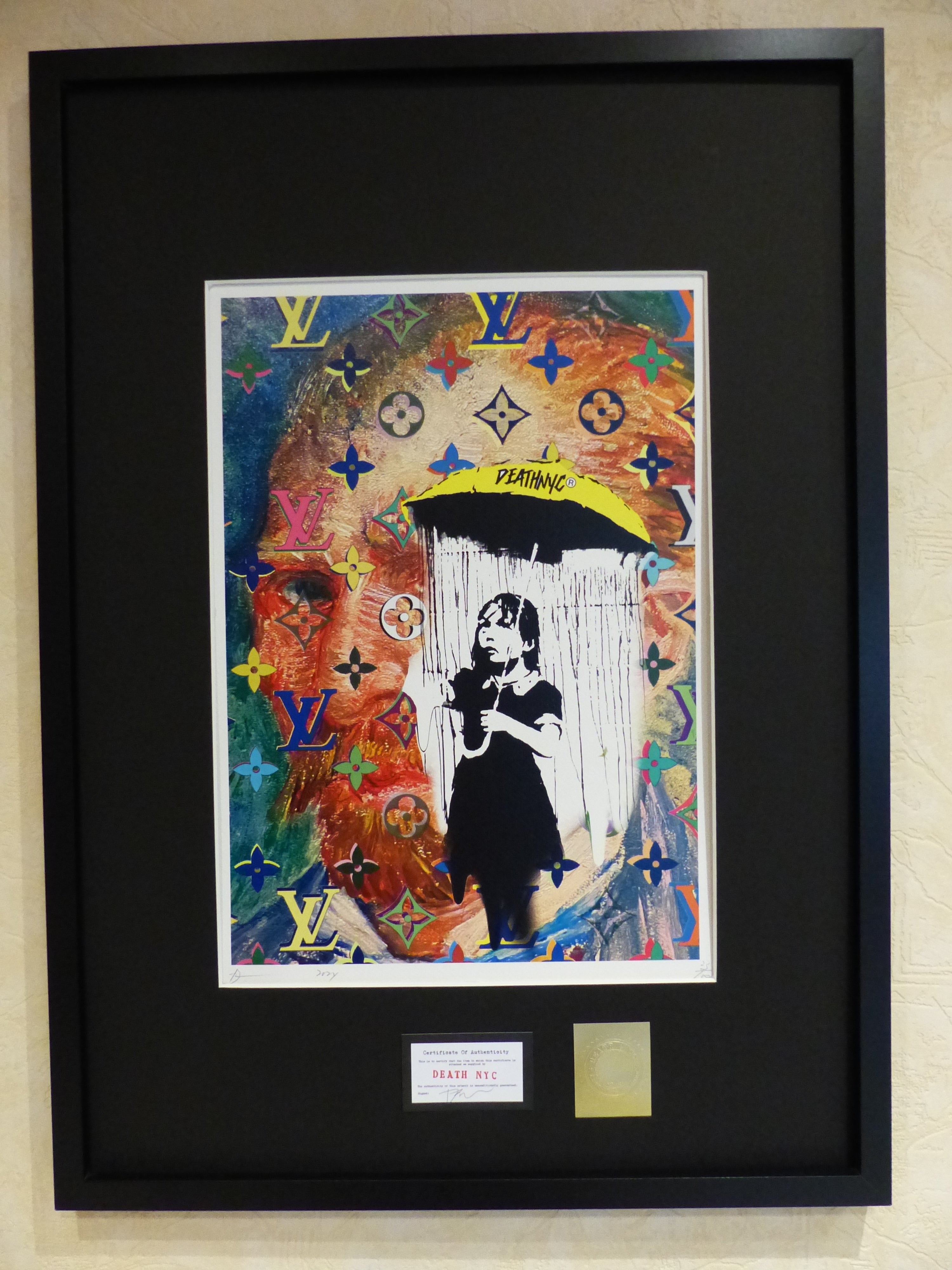 DEATH NYC fertig gerahmte Lithografie ltd. Edit. of 100 "Banksy Umbrella Girl van Gogh" 3D Siegel COA