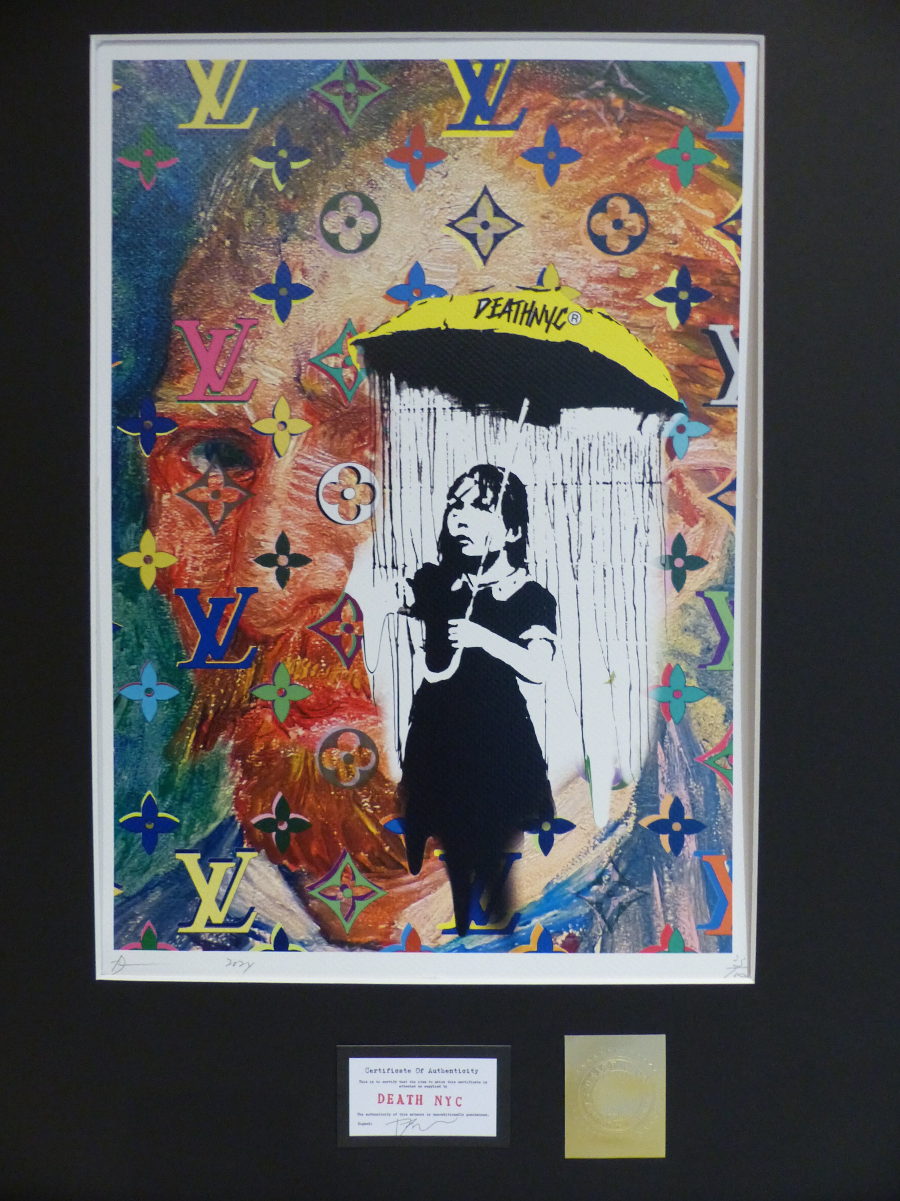 DEATH NYC fertig gerahmte Lithografie ltd. Edit. of 100 "Banksy Umbrella Girl van Gogh" 3D Siegel COA