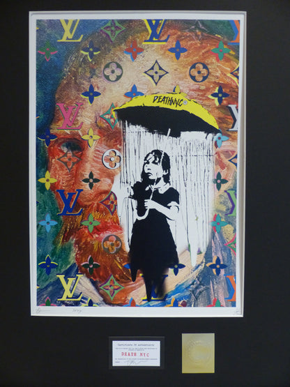DEATH NYC fertig gerahmte Lithografie ltd. Edit. of 100 "Banksy Umbrella Girl van Gogh" 3D Siegel COA