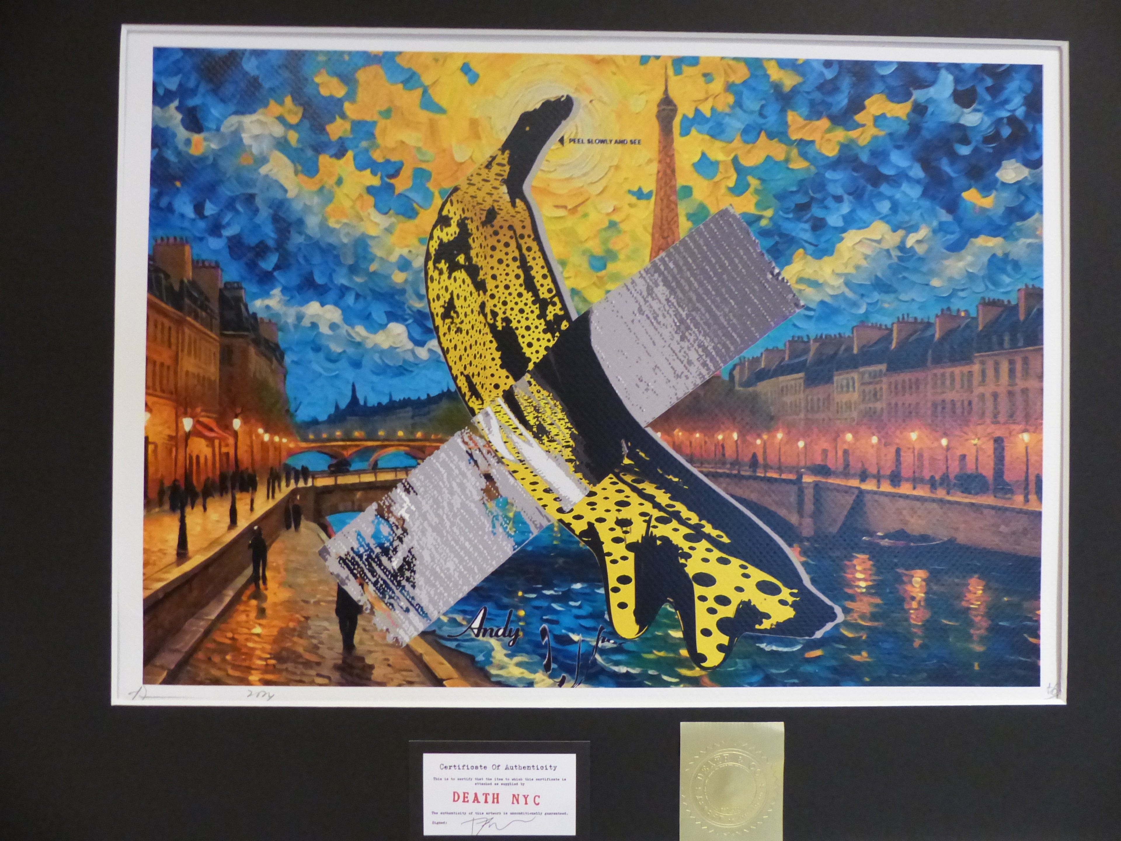 DEATH NYC fertig gerahmte Lithografie ltd. Edit. of 100 "Comedian Banana" 3D Siegel and COA