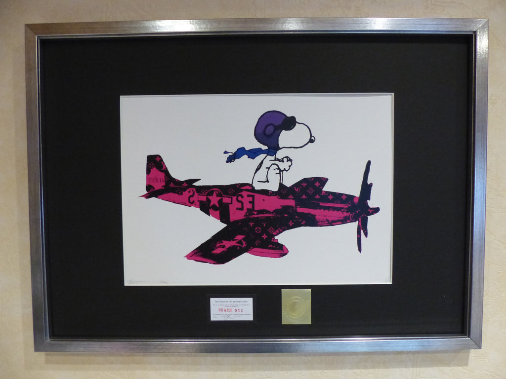 DEATH NYC fertig gerahmte Lithografie ltd. Edt. of 100 "Flying Snoopy" 3D Siegel COA