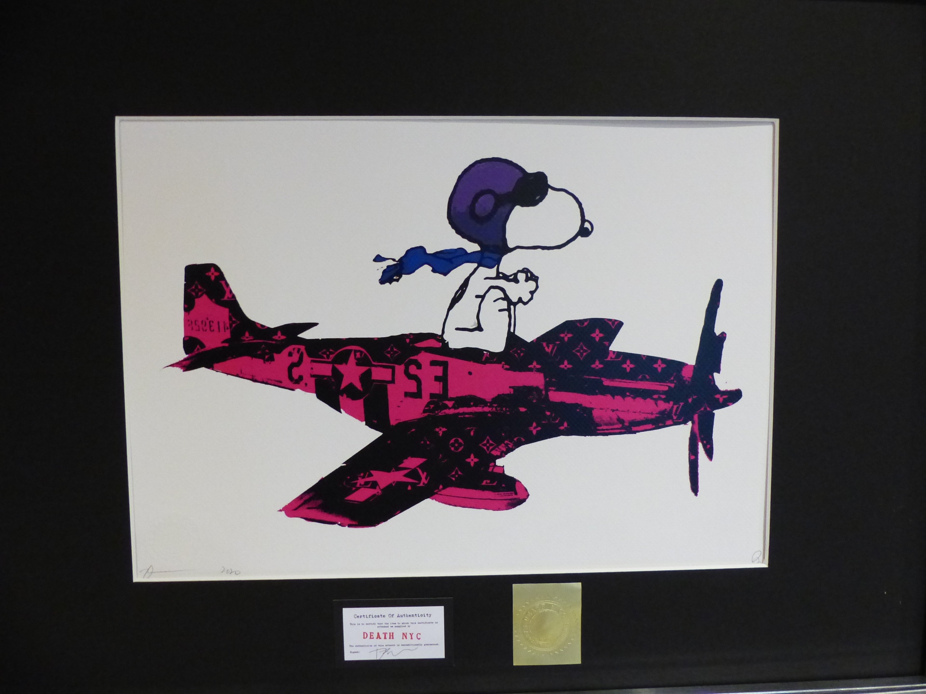 DEATH NYC fertig gerahmte Lithografie ltd. Edt. of 100 "Flying Snoopy" 3D Siegel COA
