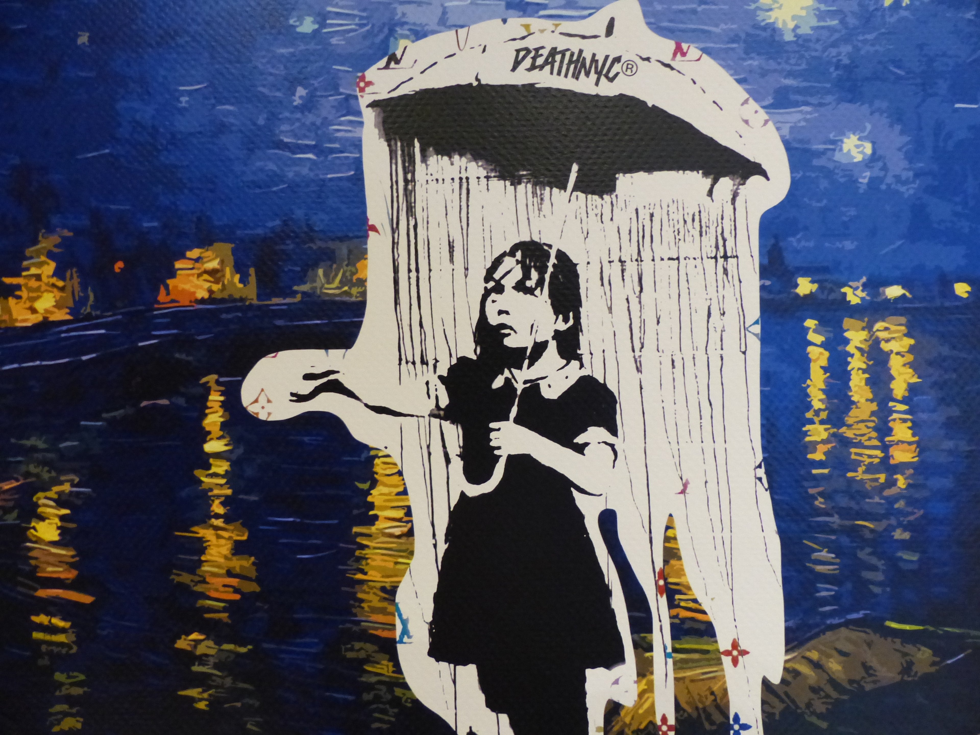 DEATH NYC fertig gerahmte Lithografie ltd. Edit. of 120/x22 "Banksy Umbrella Girl" 3D Siegel COA