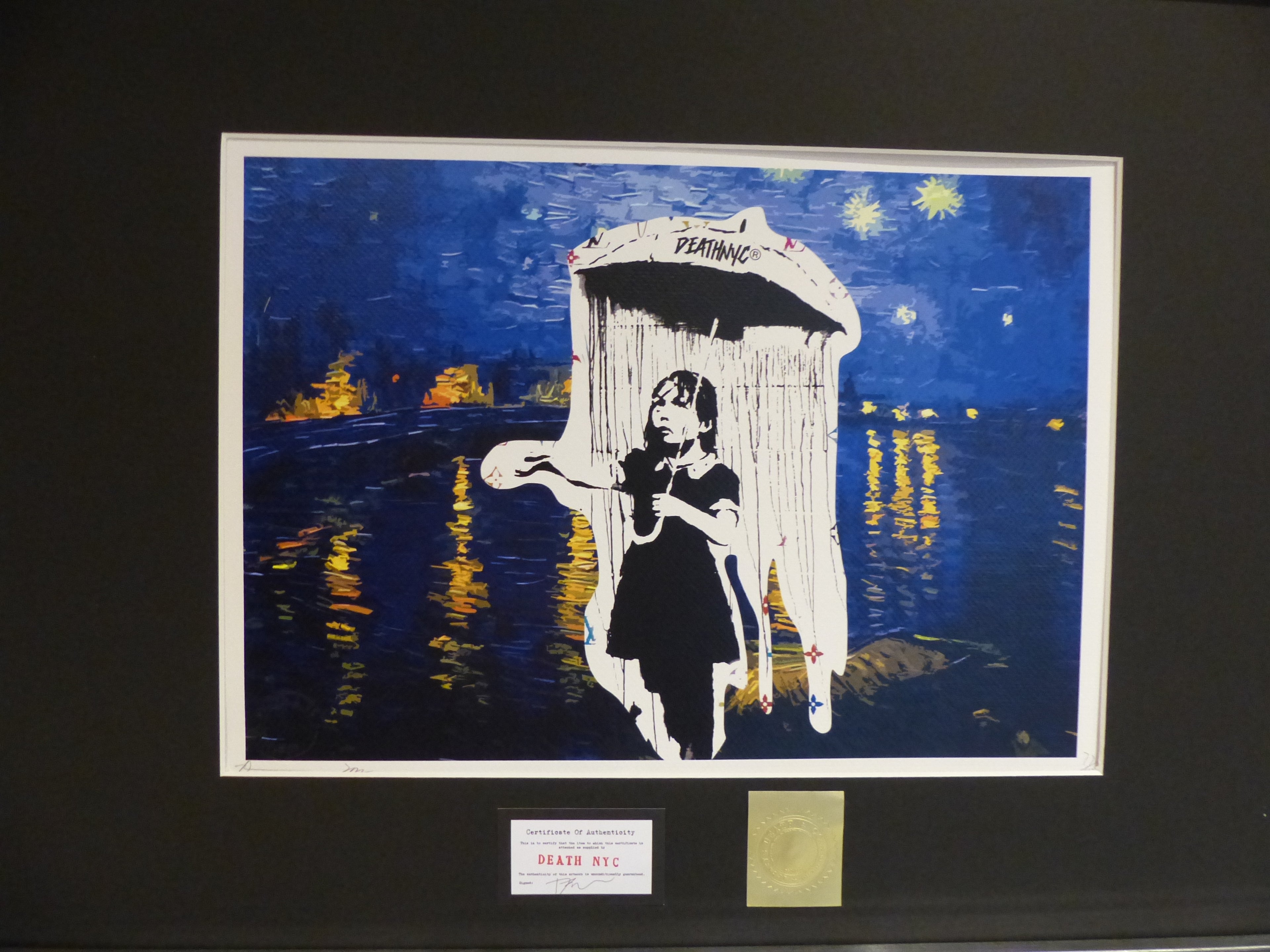 DEATH NYC fertig gerahmte Lithografie ltd. Edit. of 120/x22 "Banksy Umbrella Girl" 3D Siegel COA