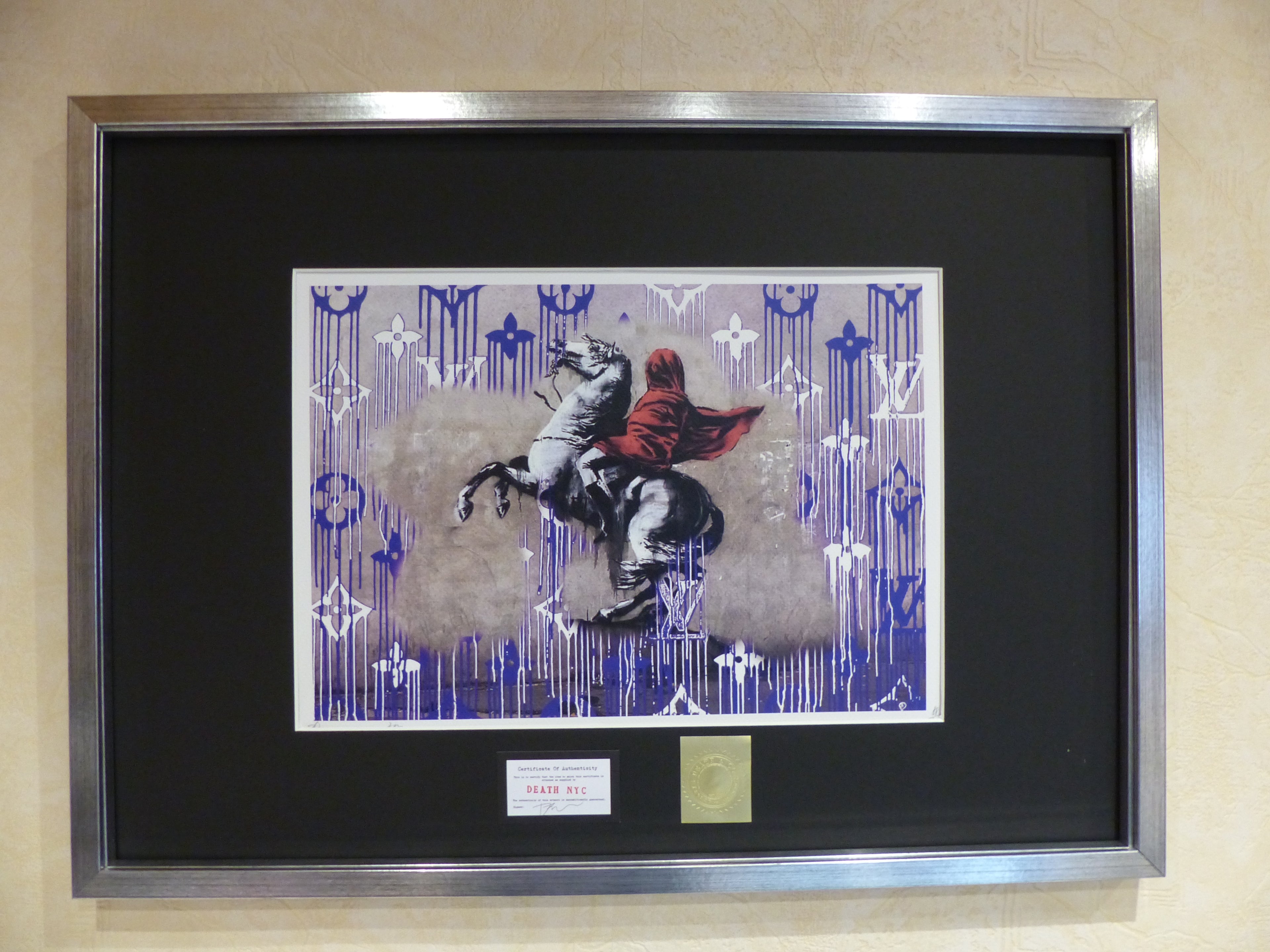 DEATH NYC fertig gerahmte Lithografie ltd. Edit of "100/x88  "Banksy Napoleon Rider" 3D Siegel COA