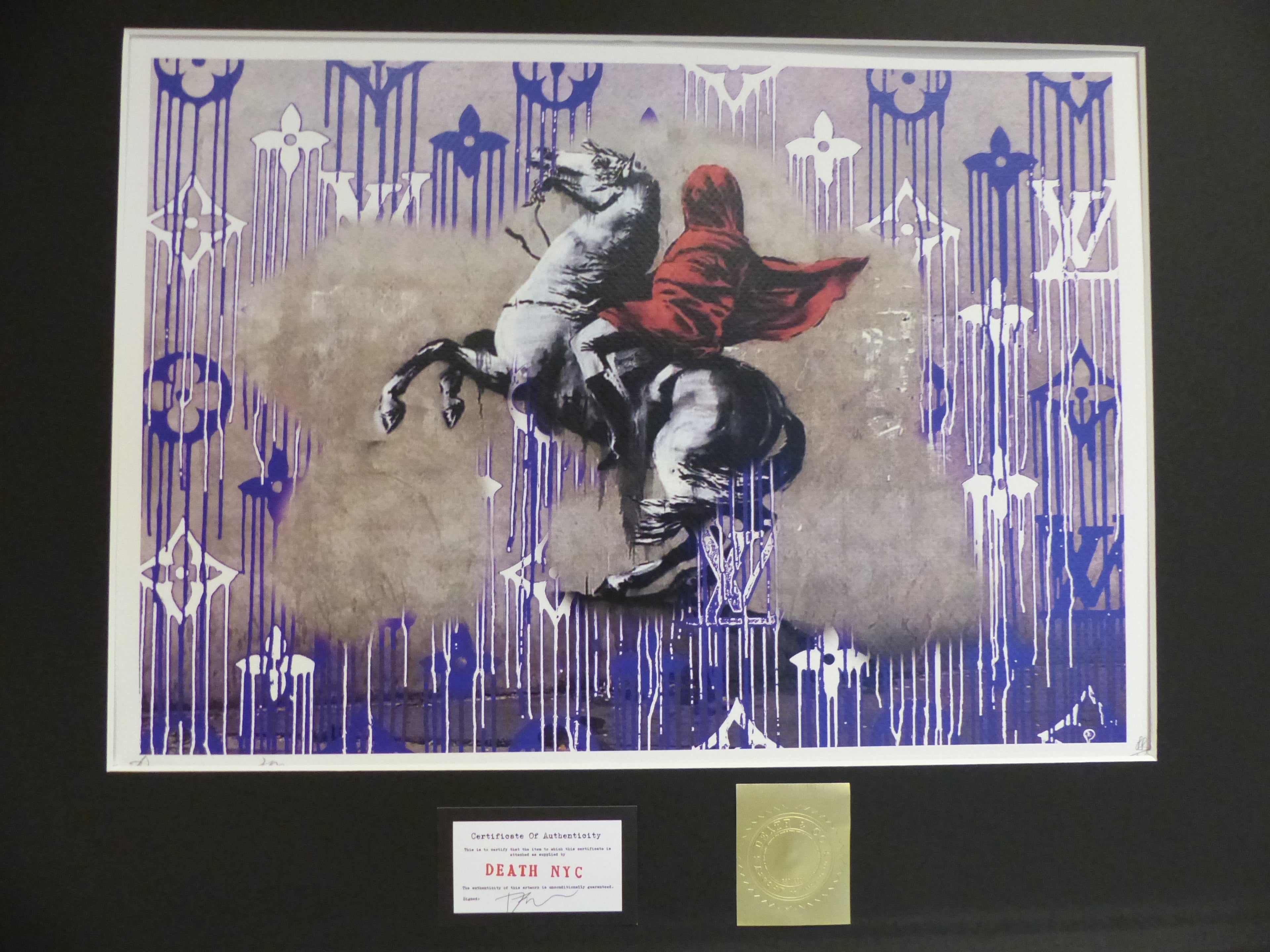 DEATH NYC fertig gerahmte Lithografie ltd. Edit of "100/x88  "Banksy Napoleon Rider" 3D Siegel COA