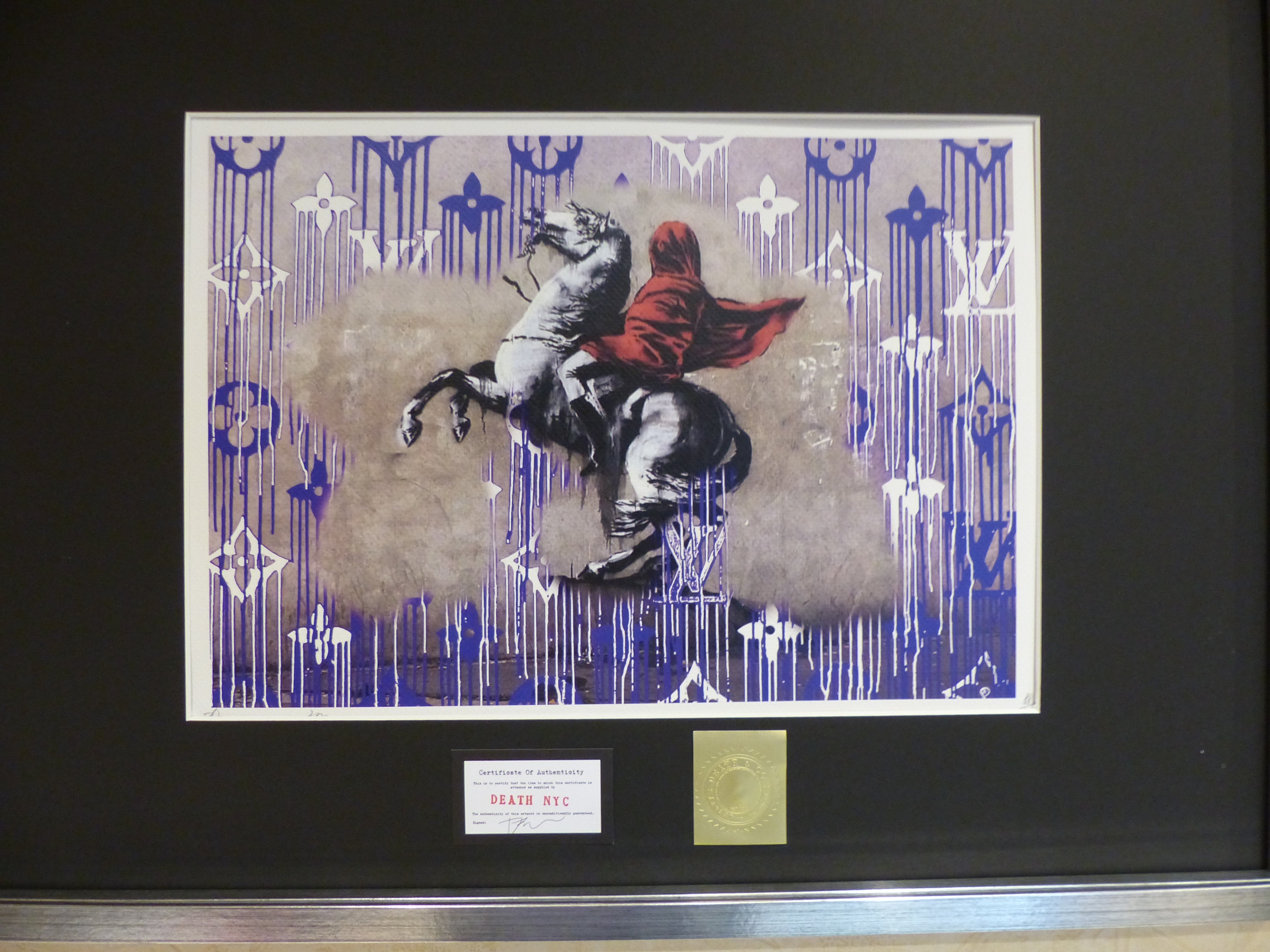 DEATH NYC fertig gerahmte Lithografie ltd. Edit of "100/x88  "Banksy Napoleon Rider" 3D Siegel COA