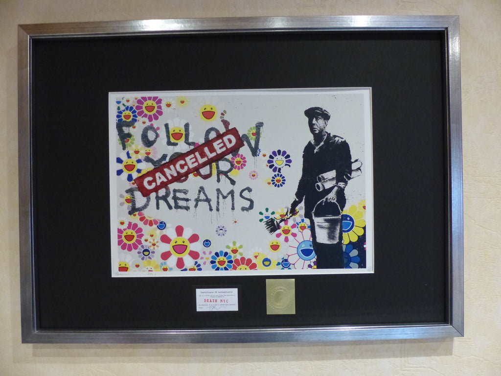 DEATH NYC fertig gerahmte Lithografie ltd. Edit of 120 "Banksy Dreams Cancelled" 3D Siegel COA