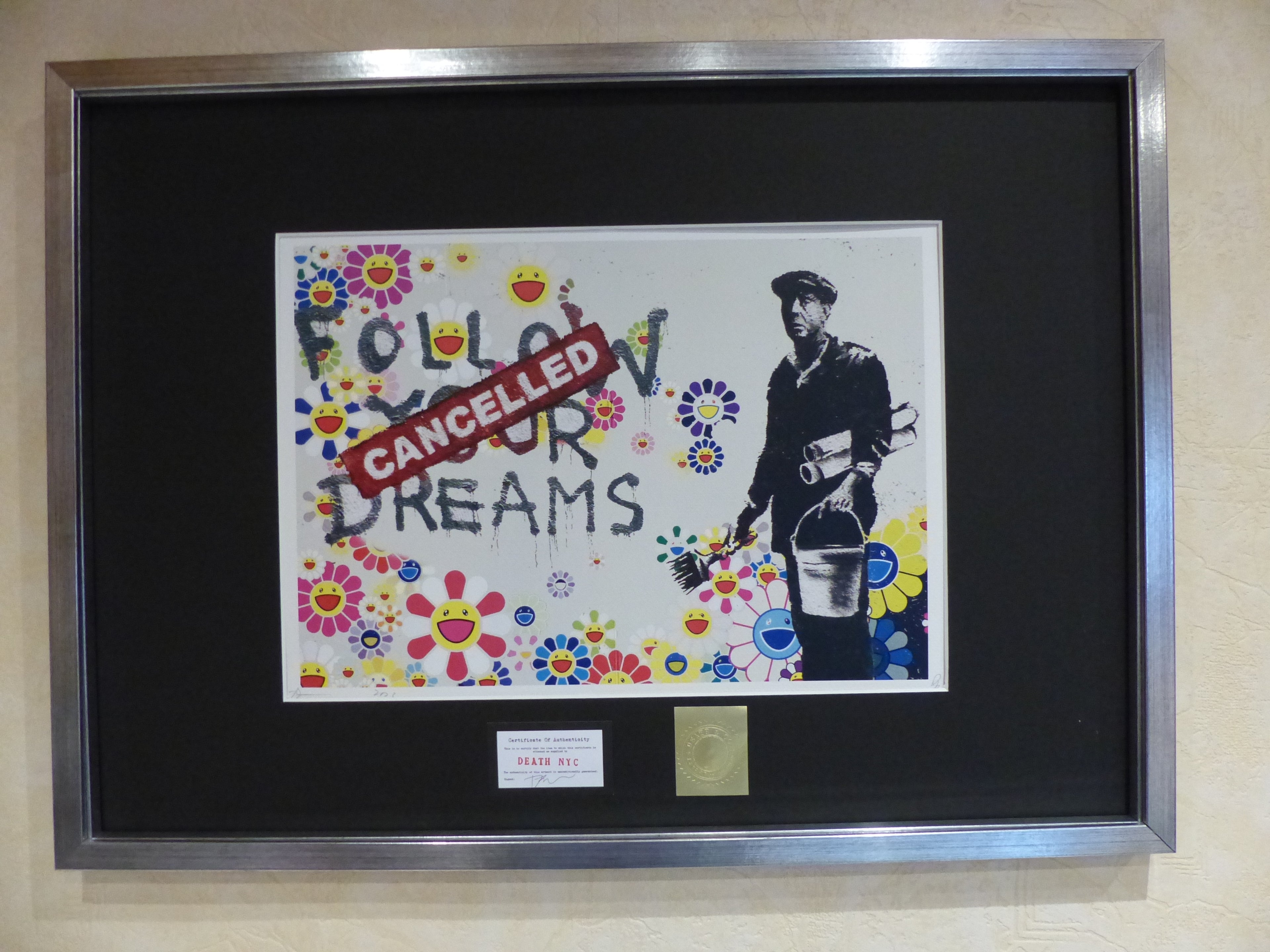 DEATH NYC fertig gerahmte Lithografie ltd. Edit of 120 "Banksy Dreams Cancelled" 3D Siegel COA