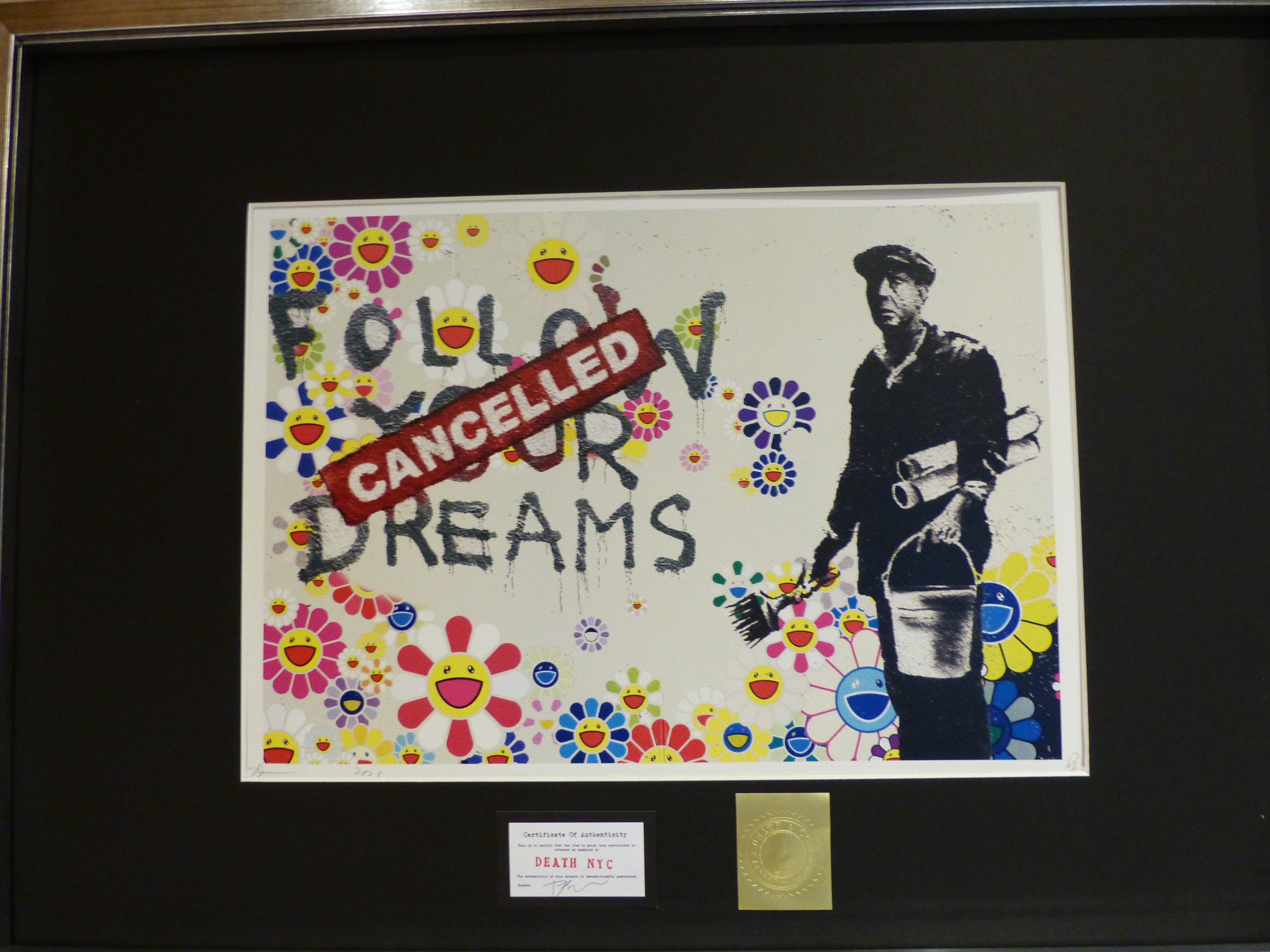 DEATH NYC fertig gerahmte Lithografie ltd. Edit of 120 "Banksy Dreams Cancelled" 3D Siegel COA