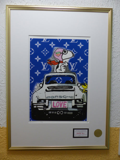 DEATH NYC  Lithografie "Snoopy with Porsche" ltd. Edition of "120",  3D Siegel COA